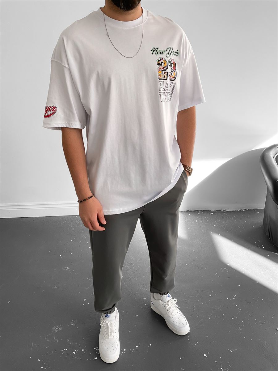 Beyaz New York Oversize T-Shirt M-1546