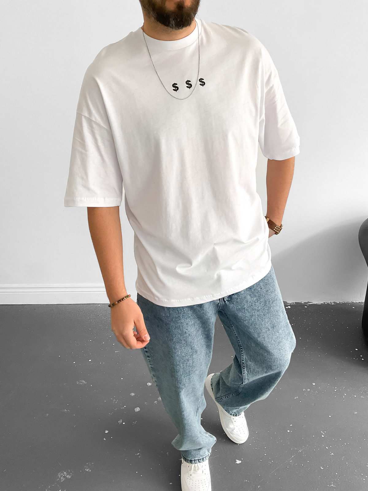 Beyaz Dolar Patchli T-Shirt B-1052