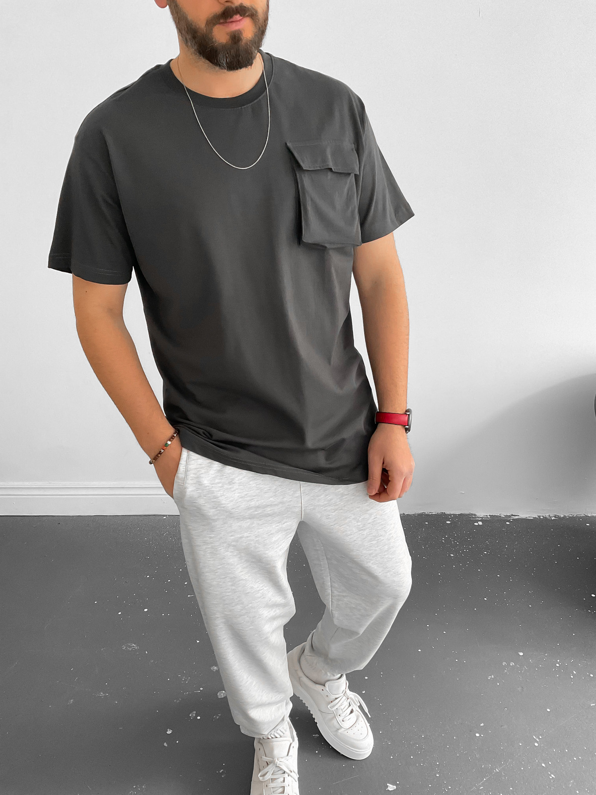 Antrasit Önü Cepli Basic T-Shirt C-683