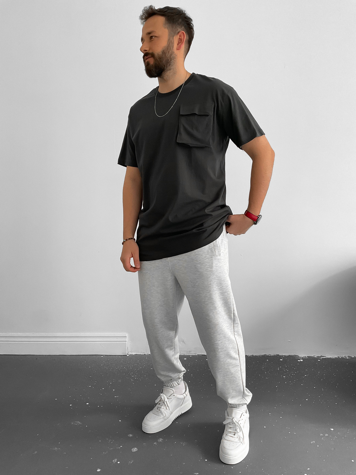 Antrasit Önü Cepli Basic T-Shirt C-683