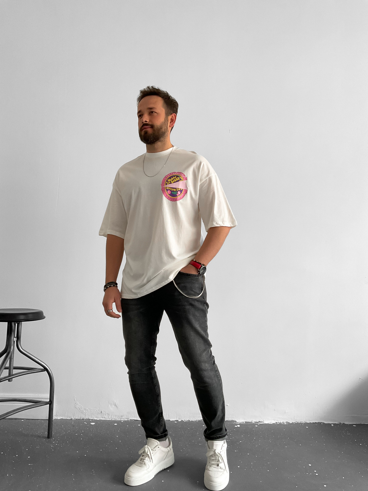 Beyaz Bubble Baskılı T-Shirt B-1144