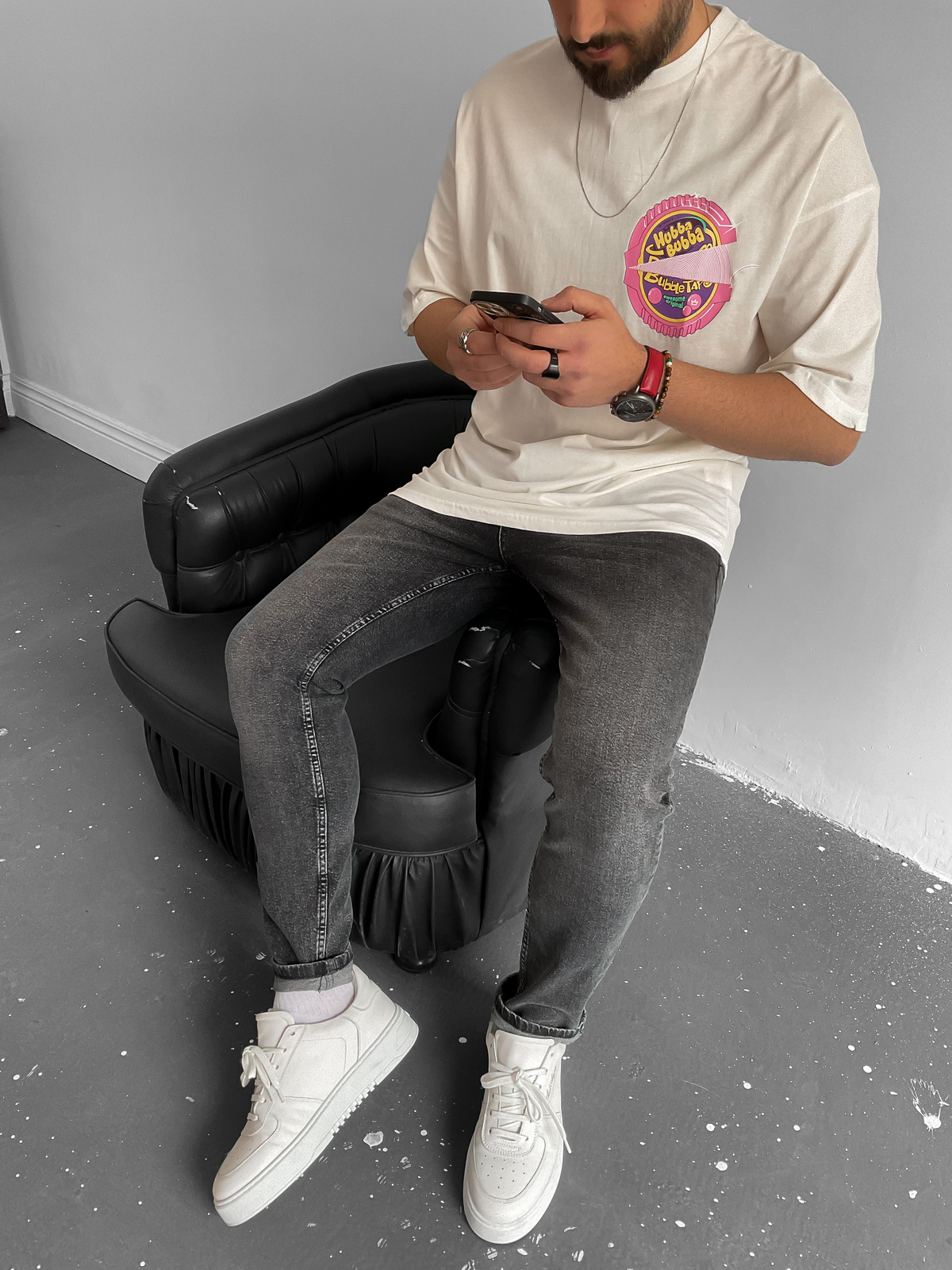 Beyaz Bubble Baskılı T-Shirt B-1144
