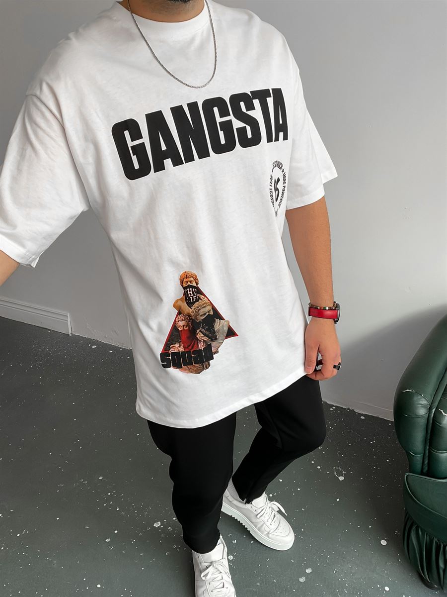 Beyaz Gangsta Baskılı T-Shirt ET-0002