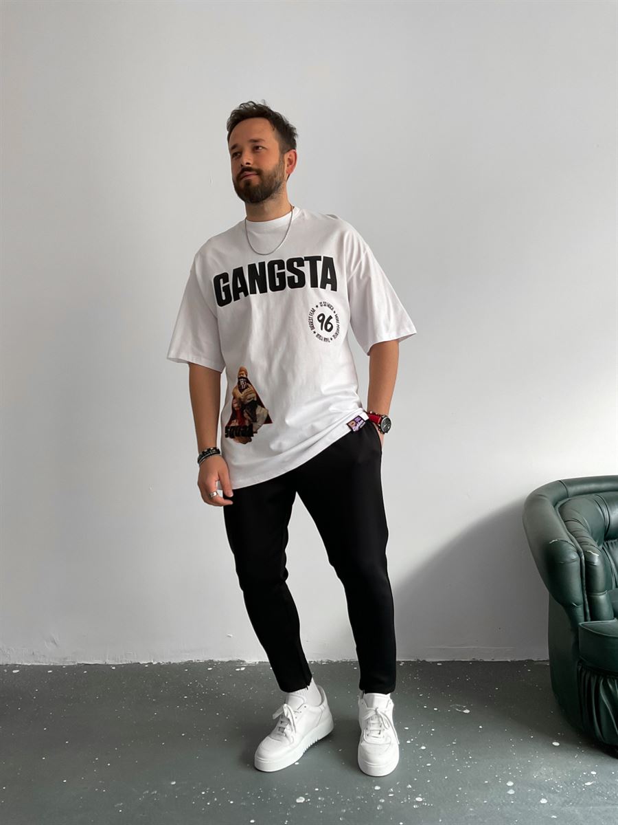 Beyaz Gangsta Baskılı T-Shirt ET-0002