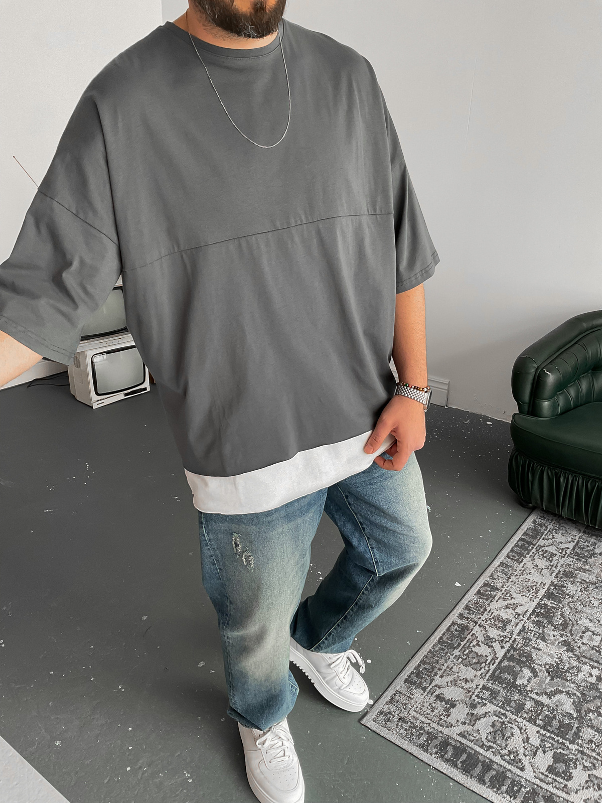 Füme Parçalı T-Shirt V-22-040