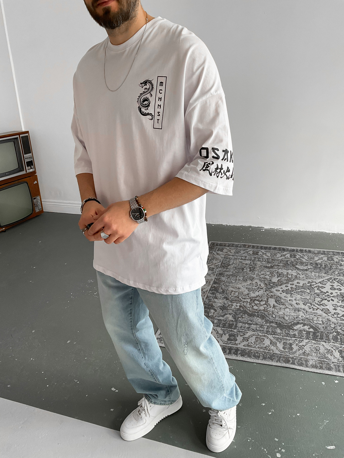 Beyaz Dragon Baskılı T-Shirt M-1640
