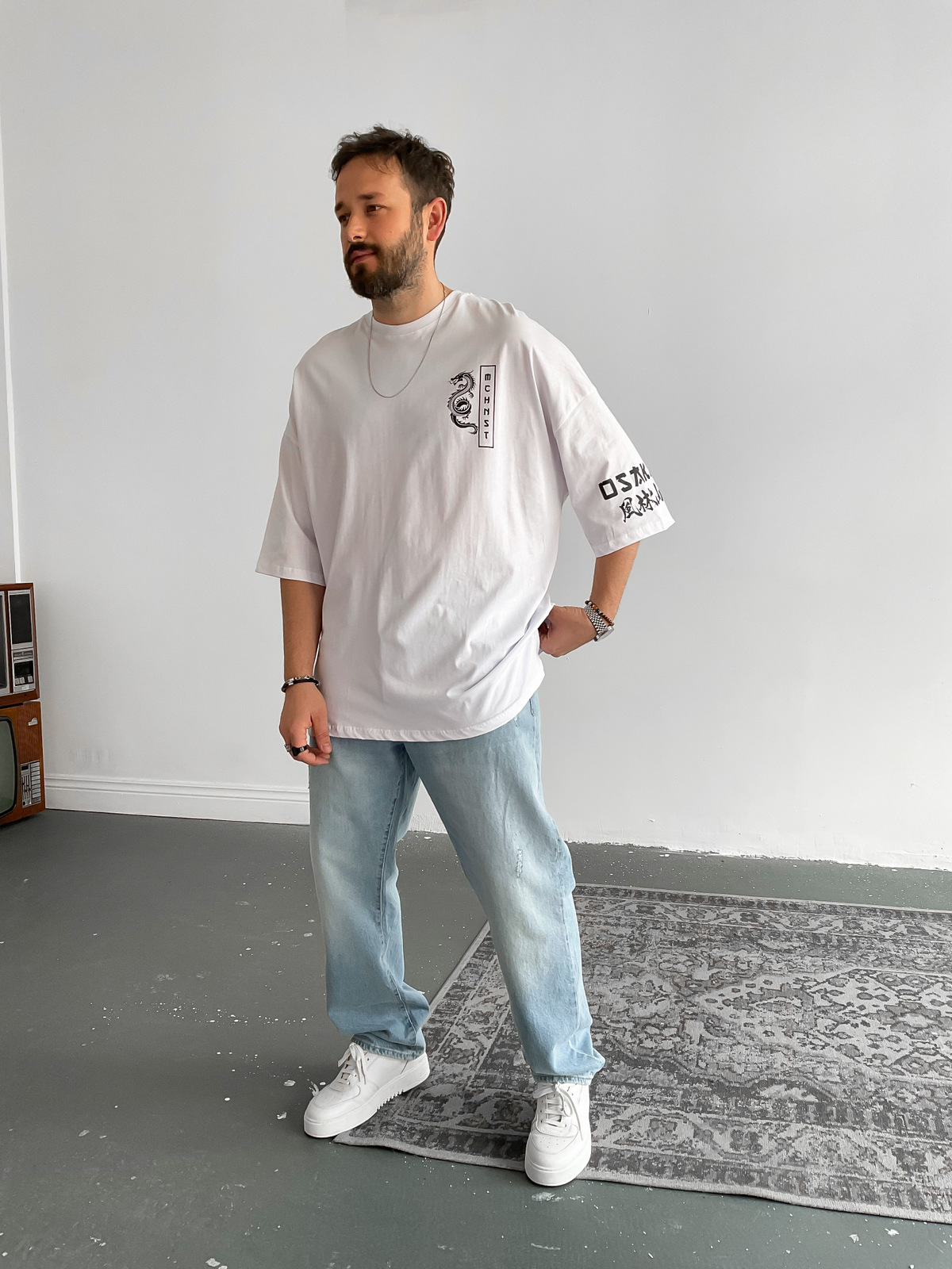 Beyaz Dragon Baskılı T-Shirt M-1640