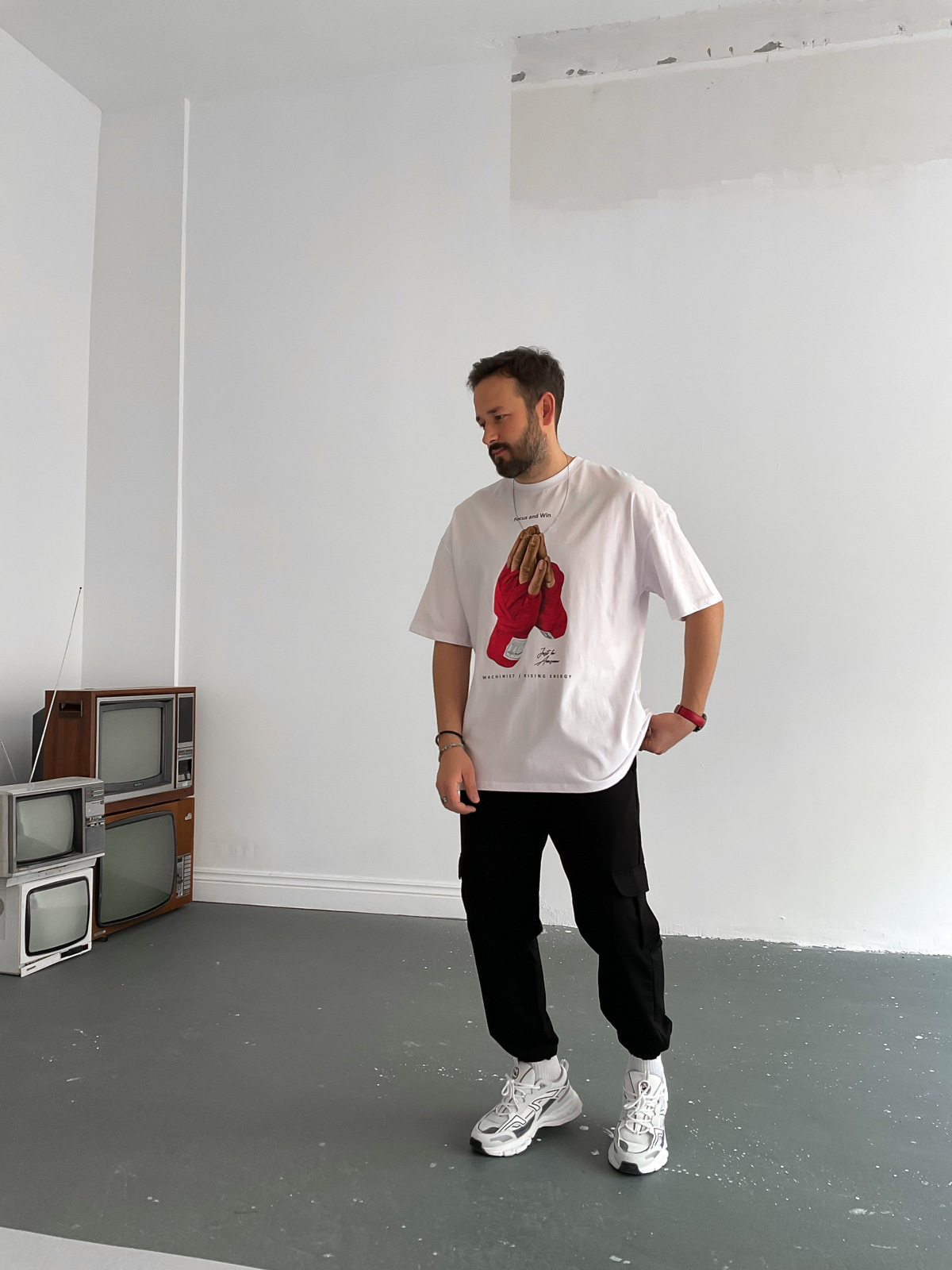 Beyaz Focus and Win Baskılı T-Shirt M-1620