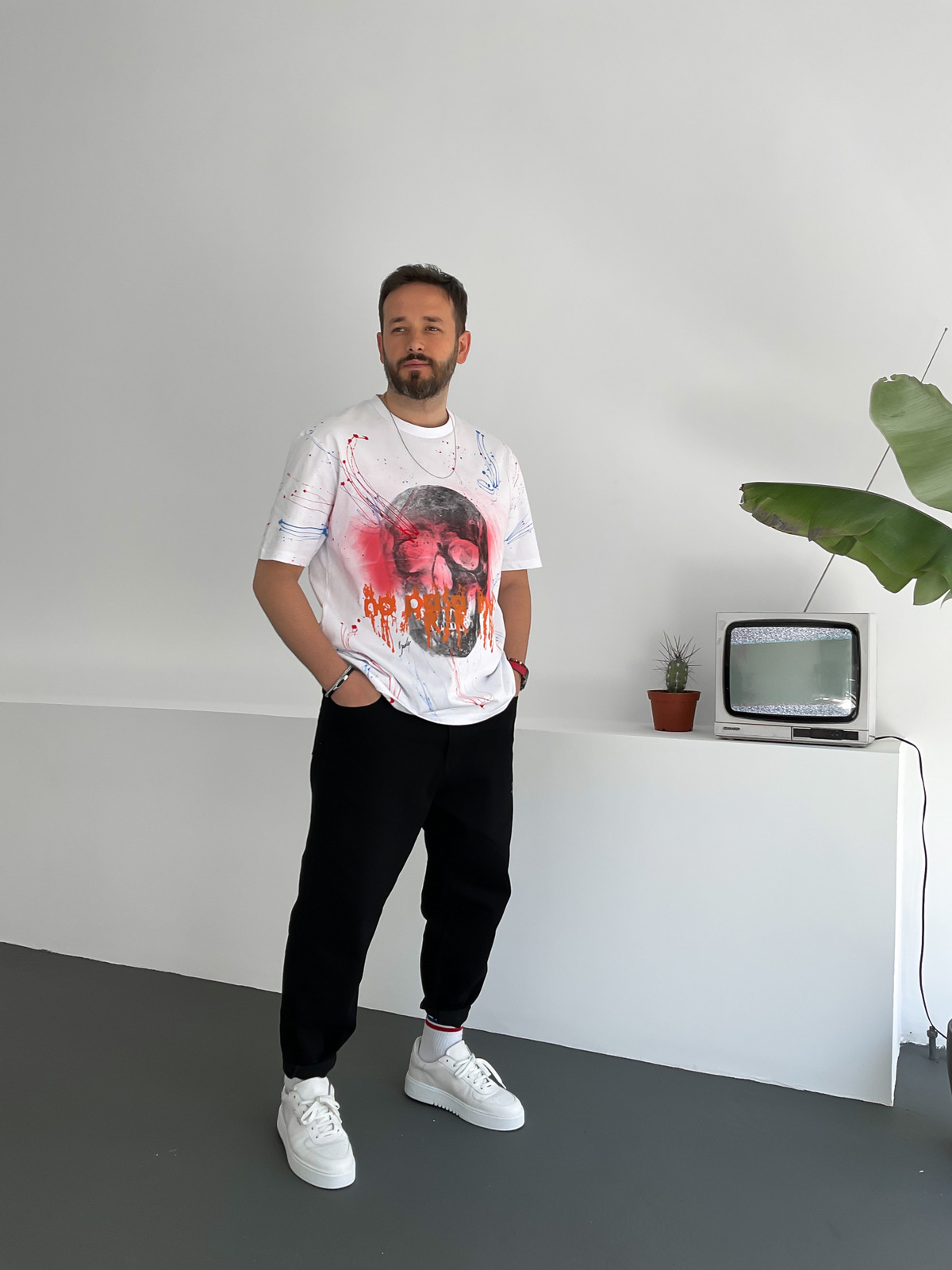 Beyaz Boyalı Baskılı T-Shirt EP-008-4