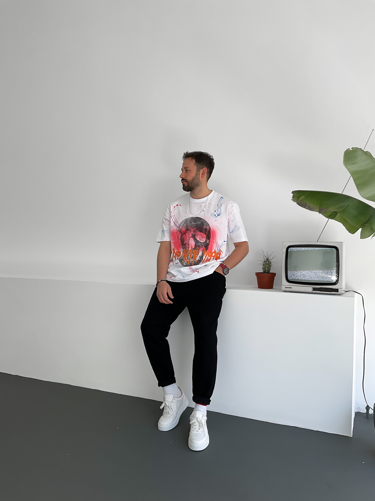 Beyaz Boyalı Baskılı T-Shirt EP-008-4