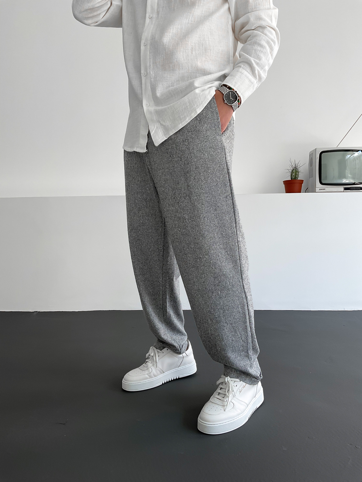 Gri Pileli Keten Pantolon C-6096
