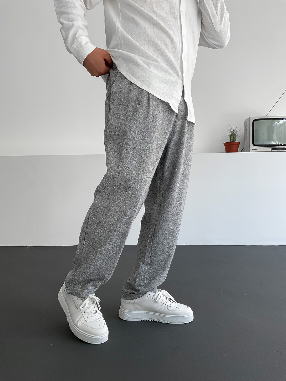 Gri Pileli Keten Pantolon C-6096