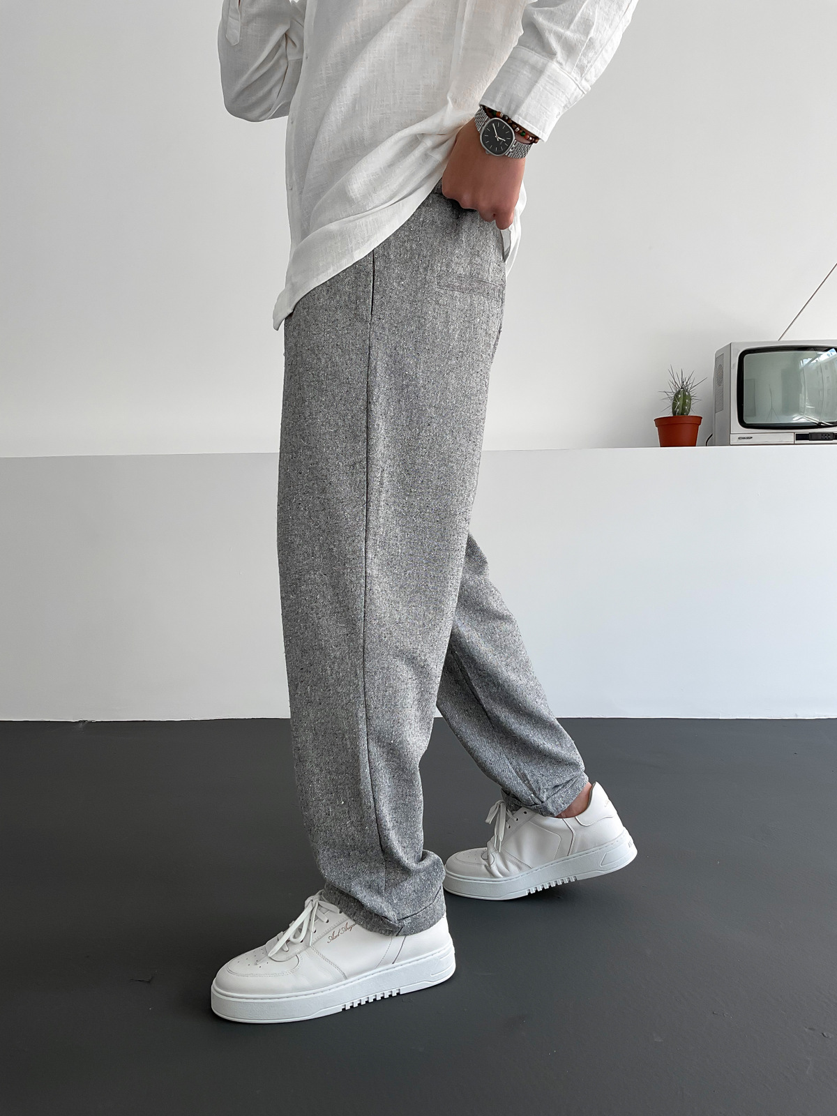 Gri Pileli Keten Pantolon C-6096