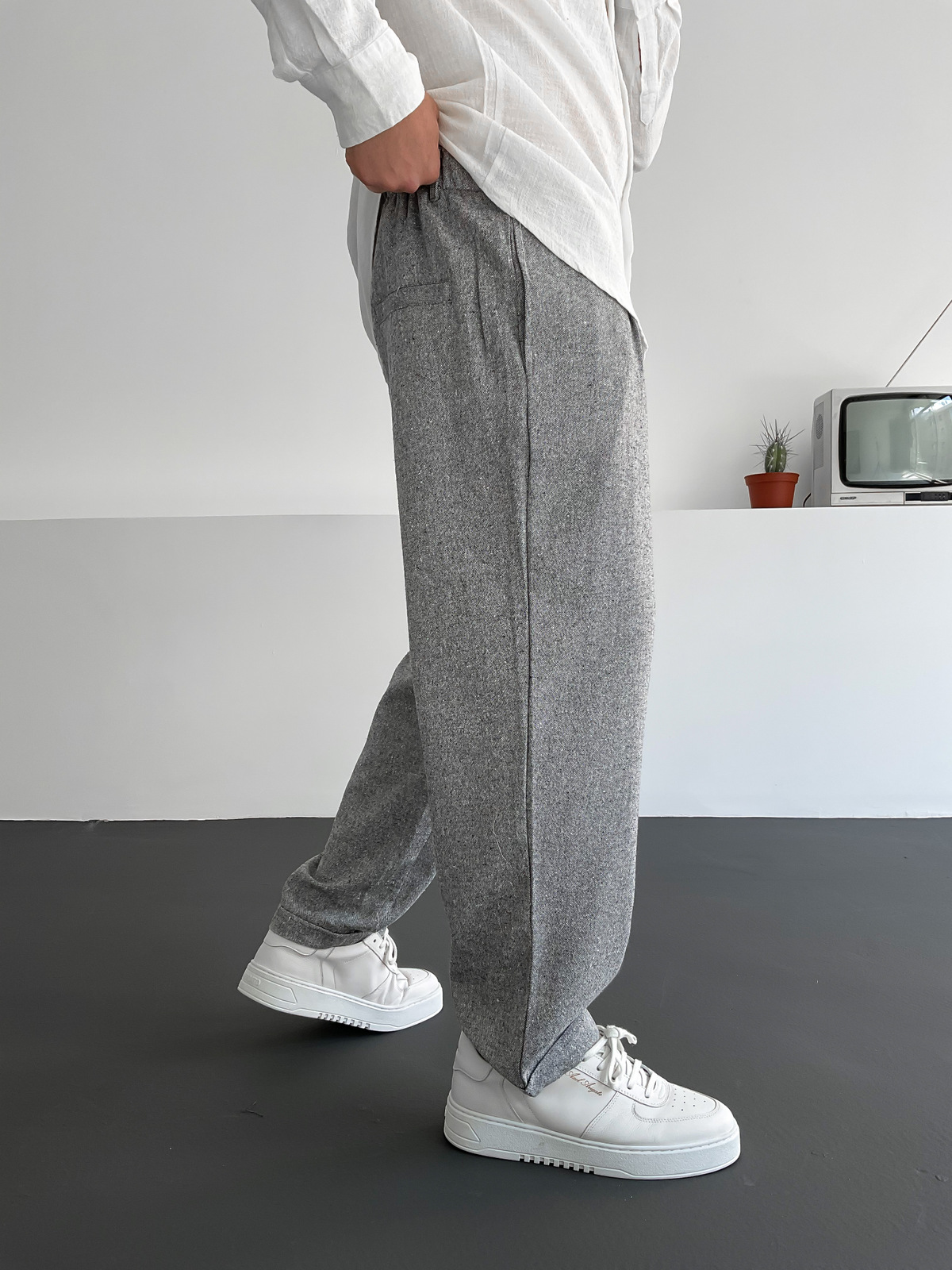 Gri Pileli Keten Pantolon C-6096
