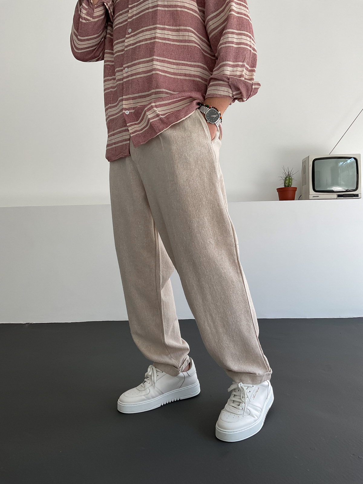 Krem Pileli Keten Pantolon C-6096