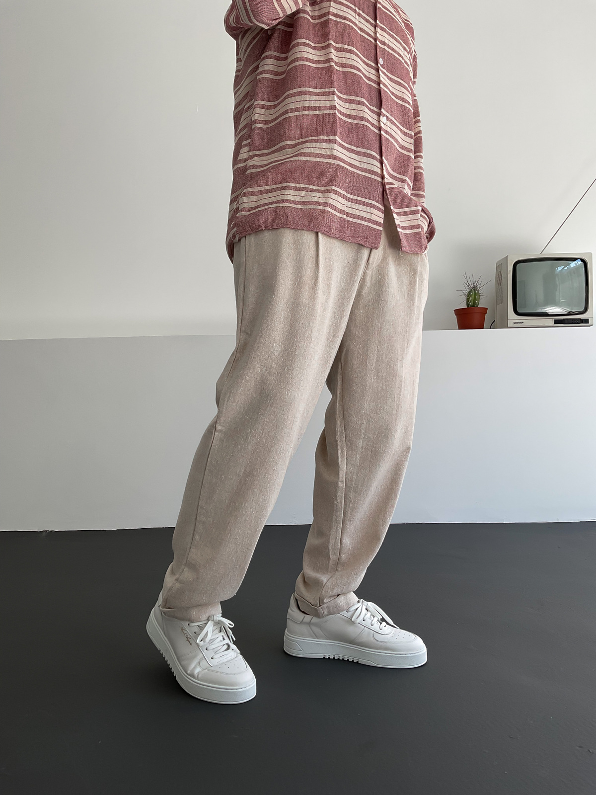 Krem Pileli Keten Pantolon C-6096