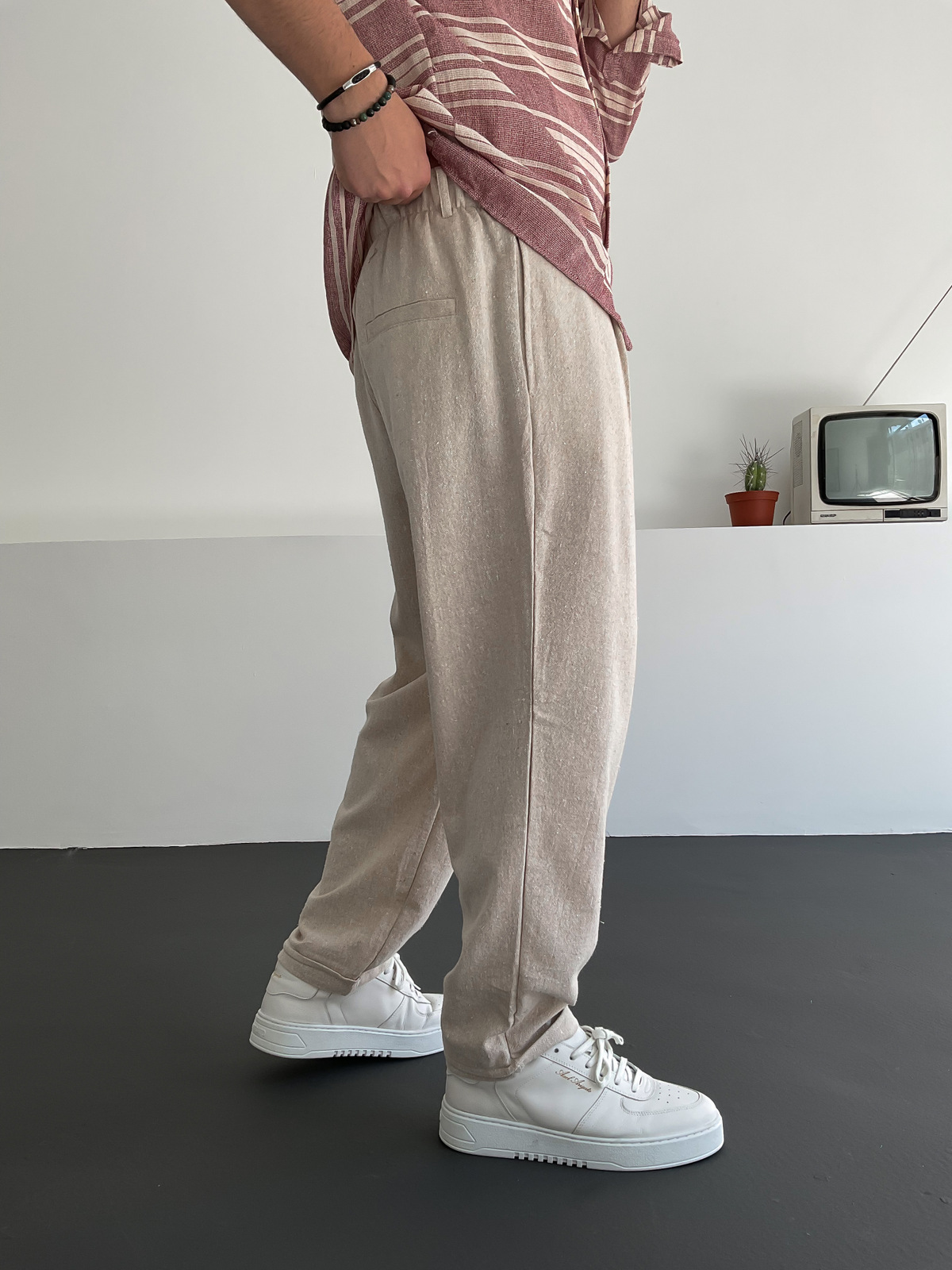 Krem Pileli Keten Pantolon C-6096