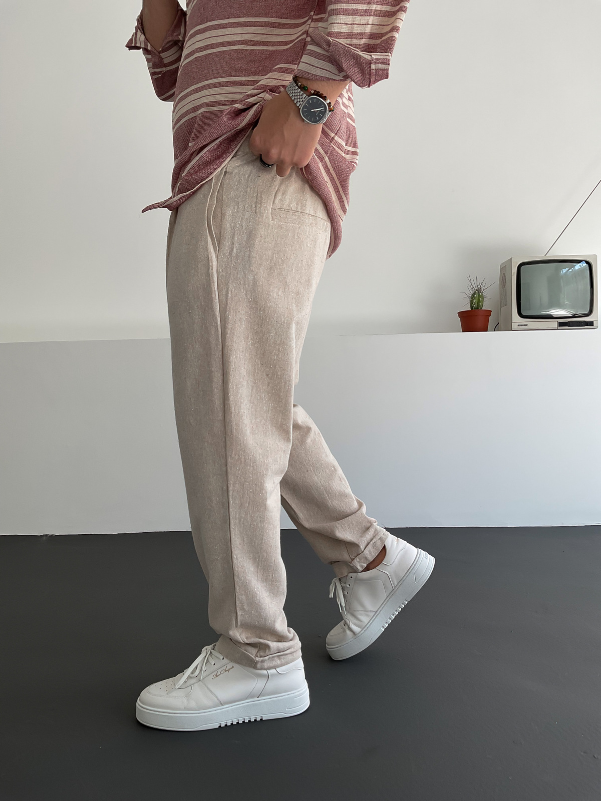 Krem Pileli Keten Pantolon C-6096