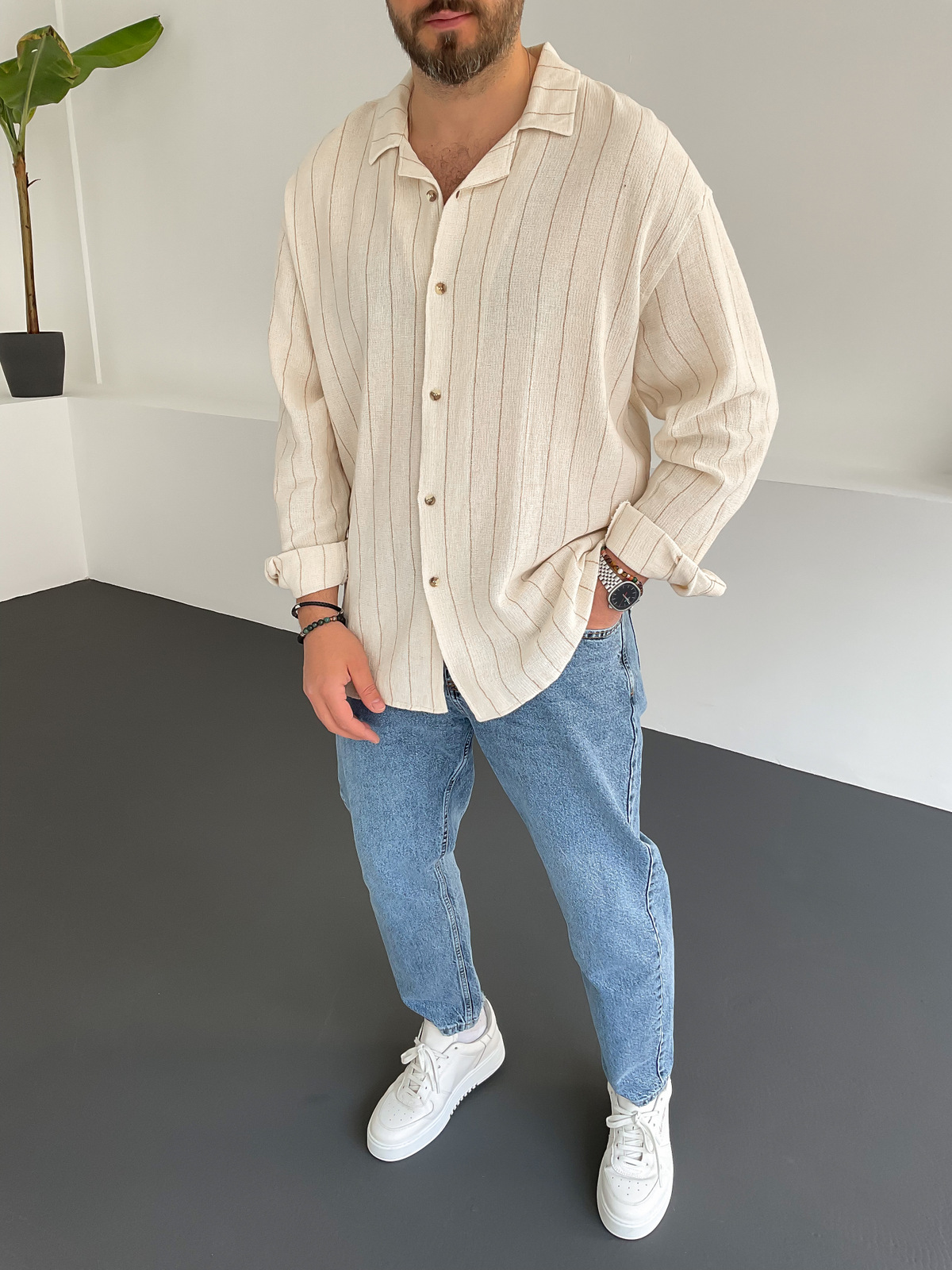 Bej İnce Çizgili Örme Gömlek V-22-302