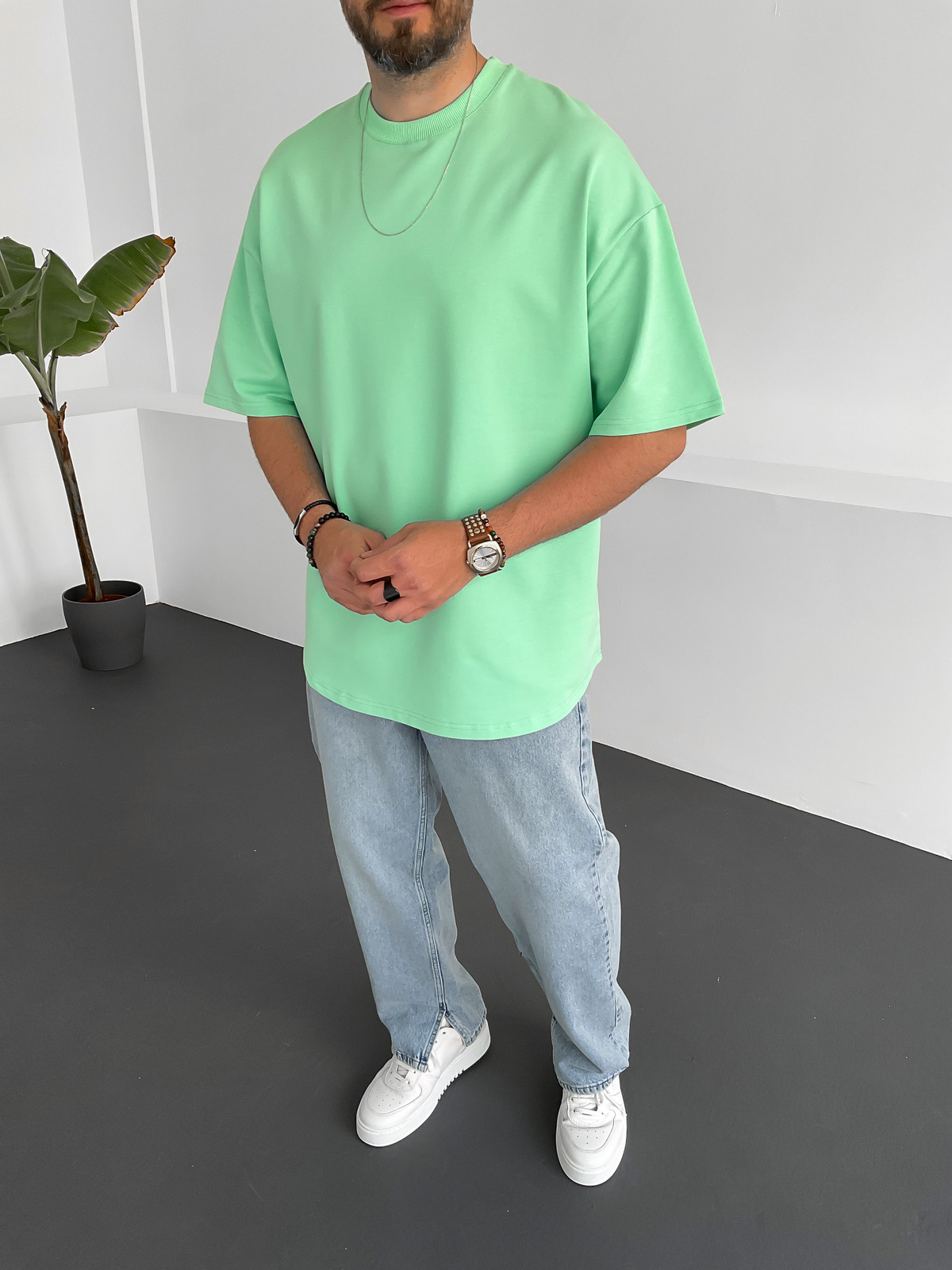 Mint Yeşili İki İplik Basic T-Shirt BY-1208/363