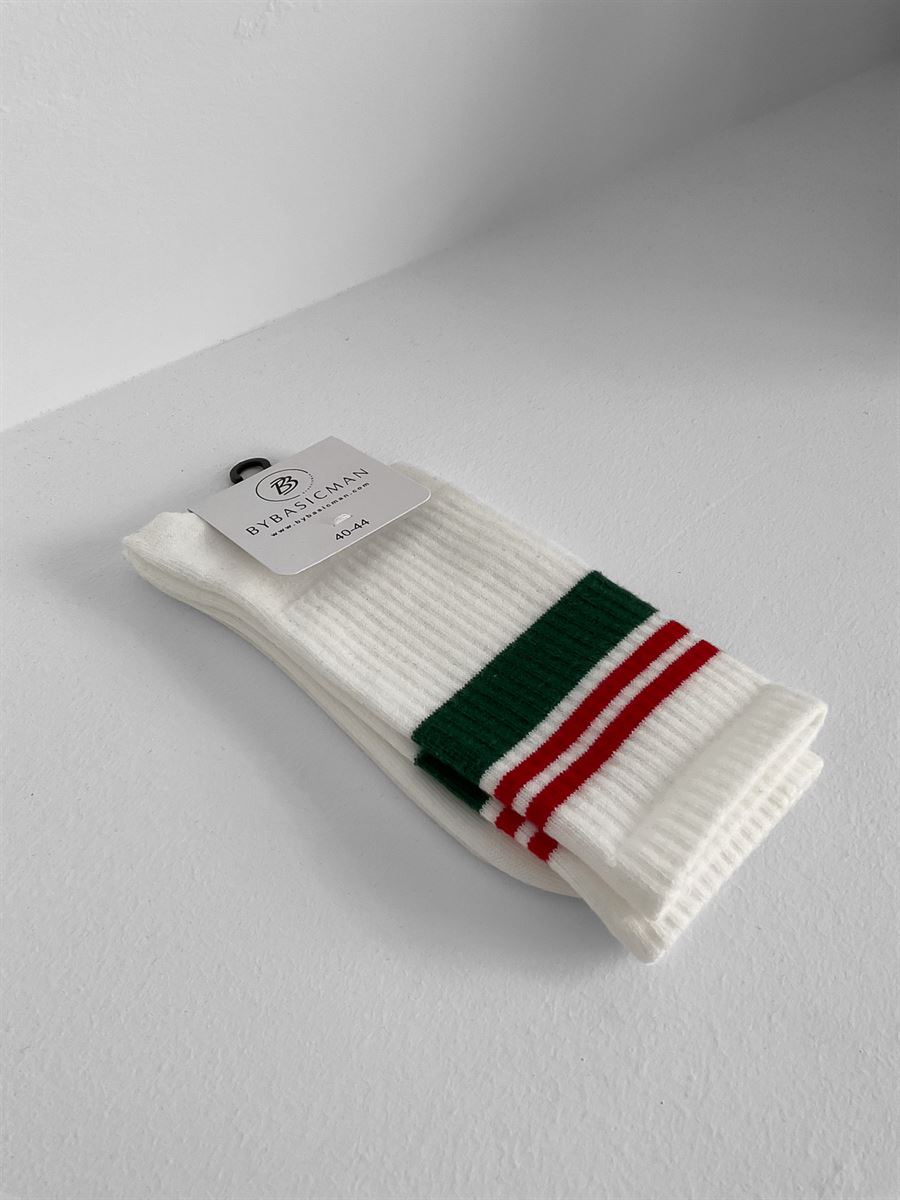 Beyaz Yeşil Kırmızı Çizgili Çorap