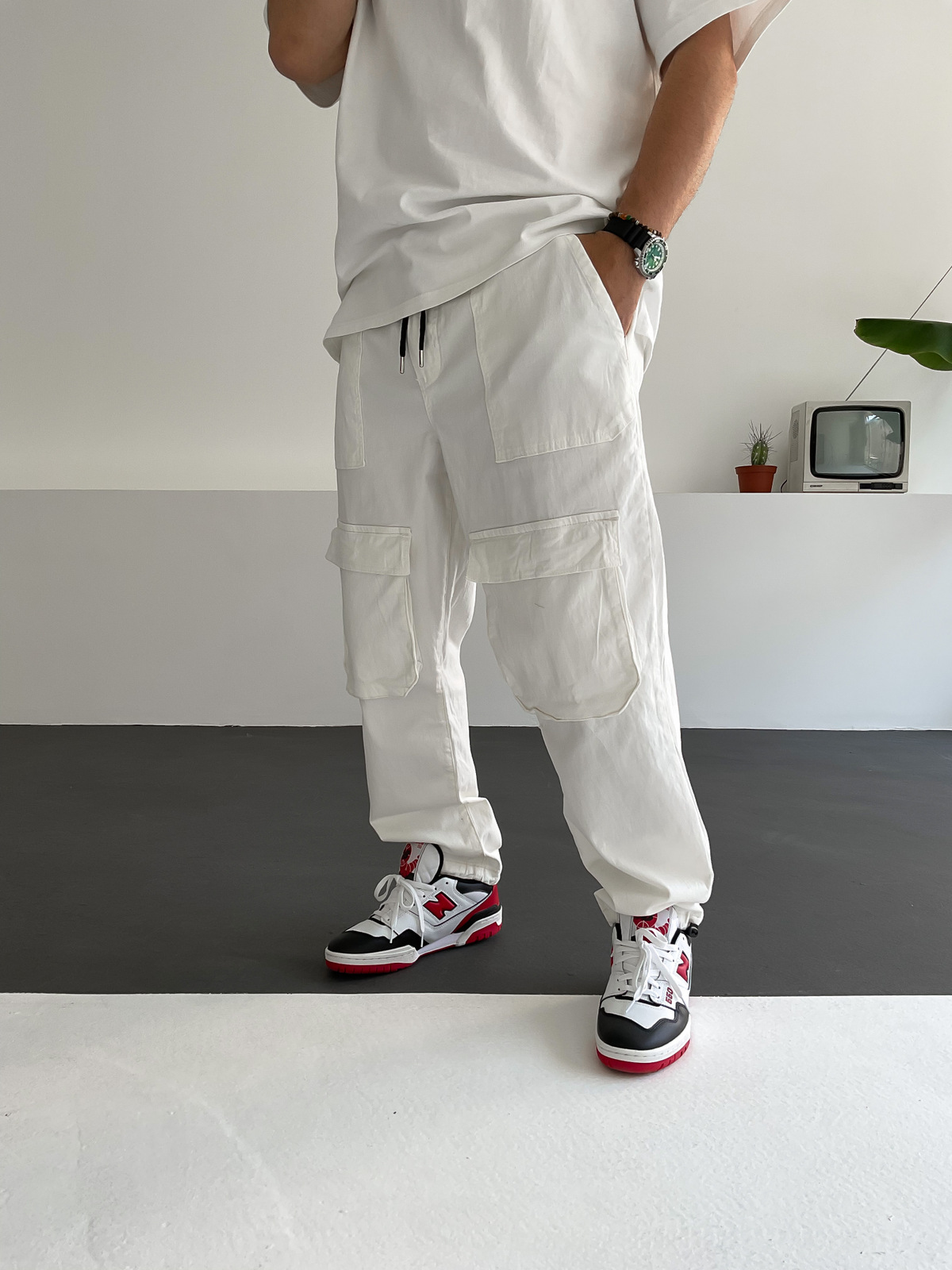Beyaz Stoper Paça Kargo Pantolon GJ-14798