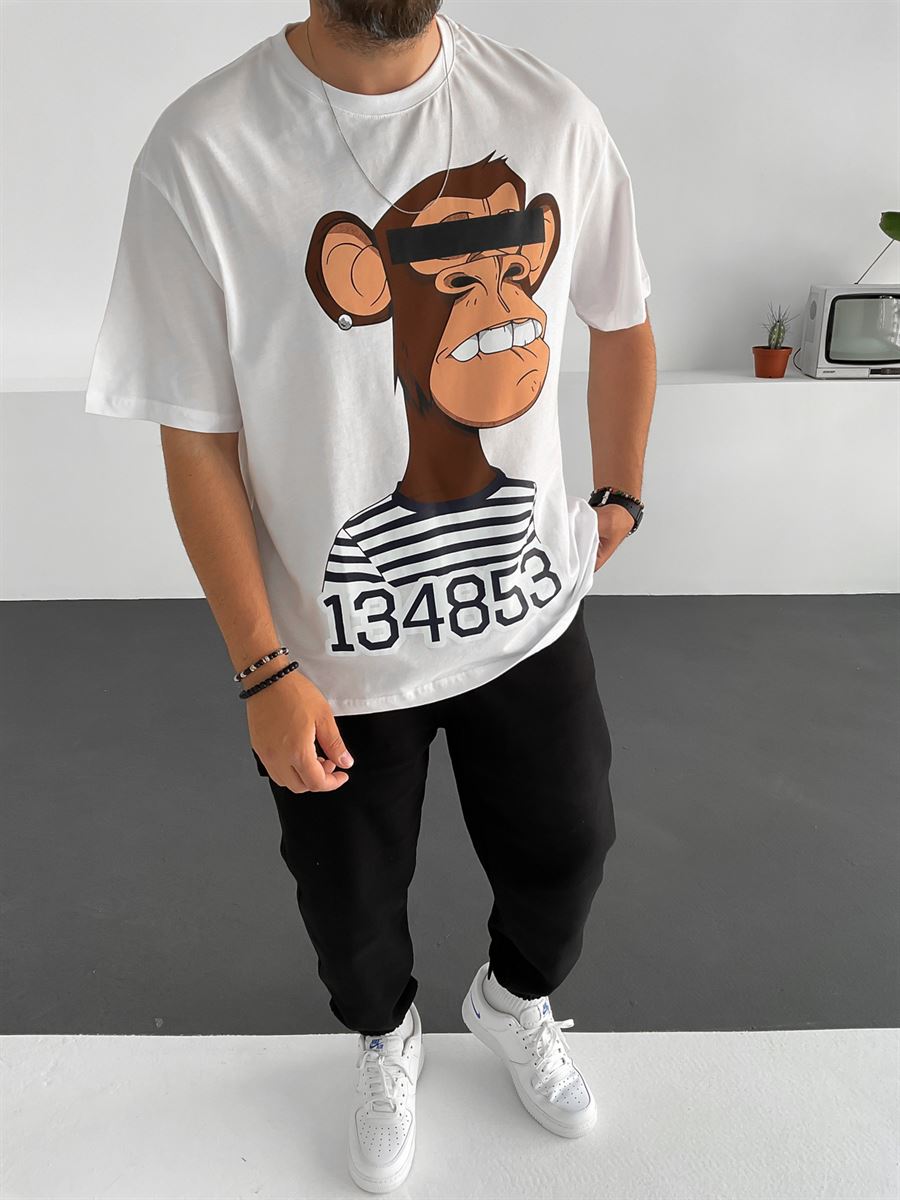 Beyaz Criminal Monkey Baskılı T-Shirt C-810