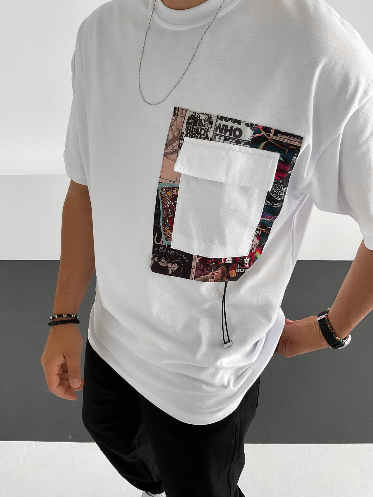 Beyaz Baskı Cepli T-Shirt RC-5637