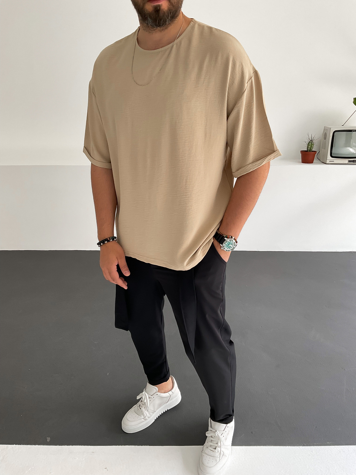 Krem Krep Kumaş T-Shirt V-22-339