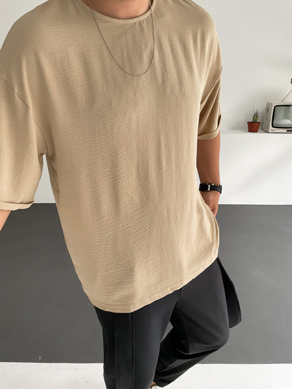 Krem Krep Kumaş T-Shirt V-22-339