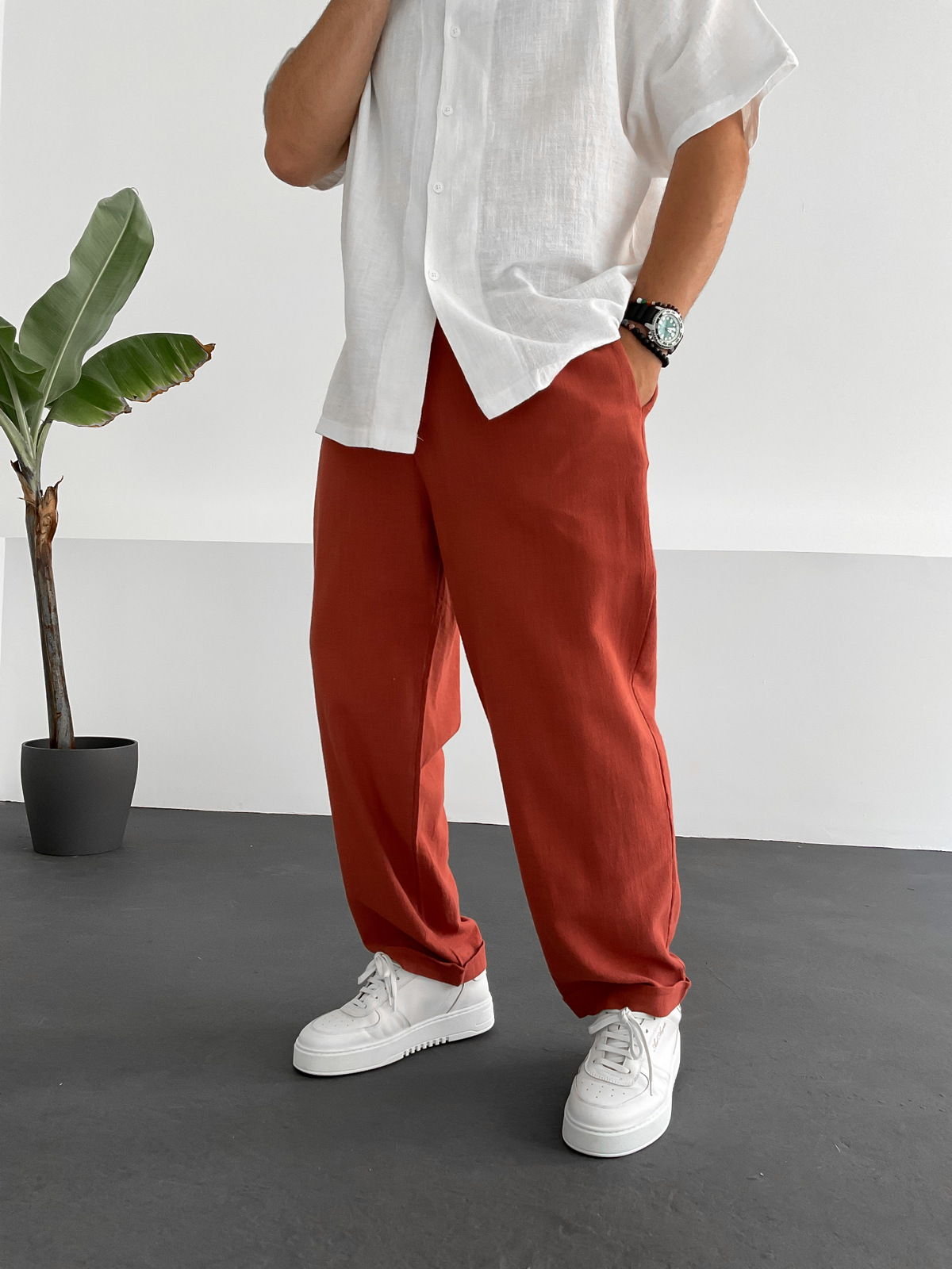 Kiremit Pileli Keten Pantolon C-6096