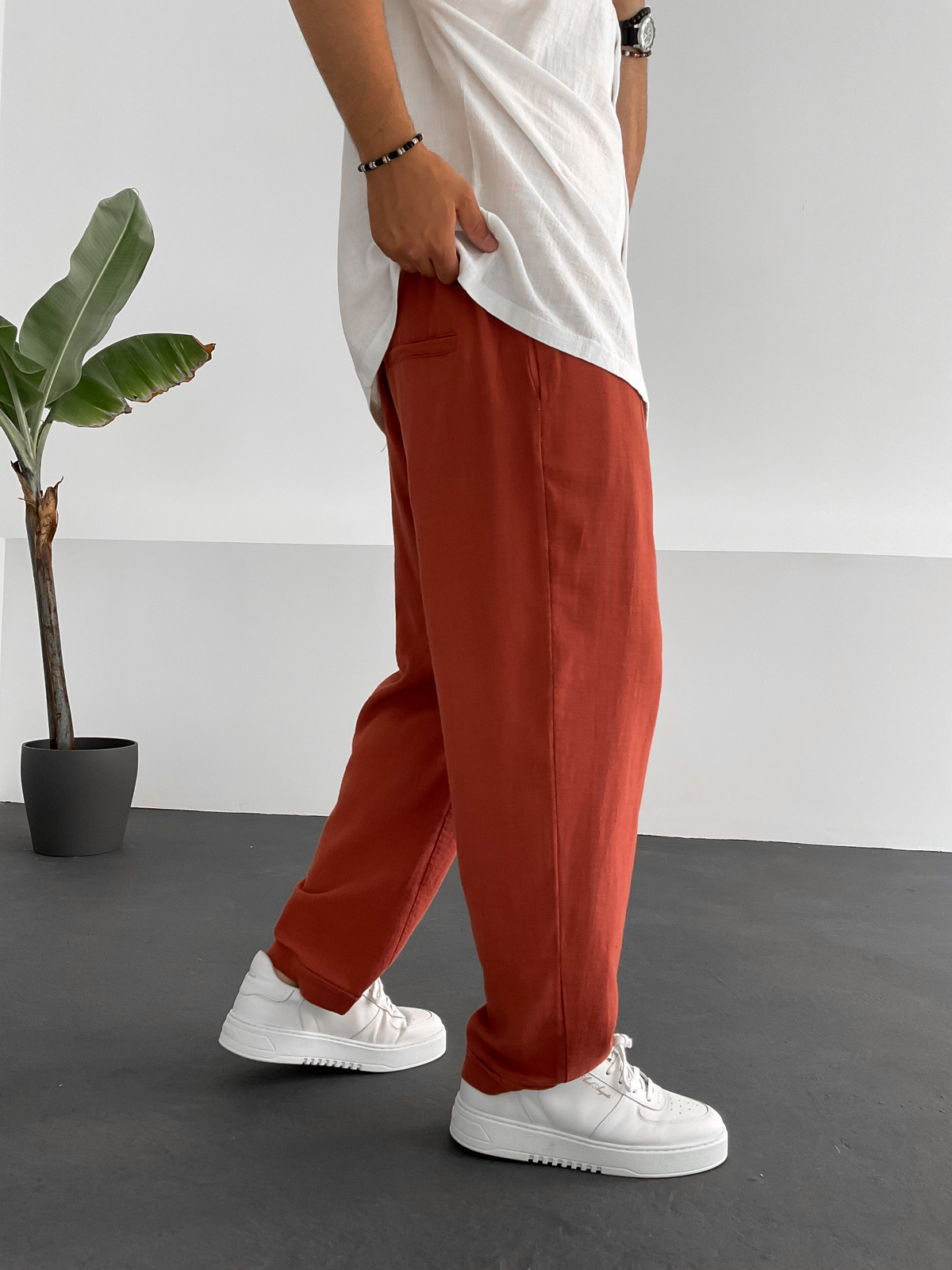Kiremit Pileli Keten Pantolon C-6096