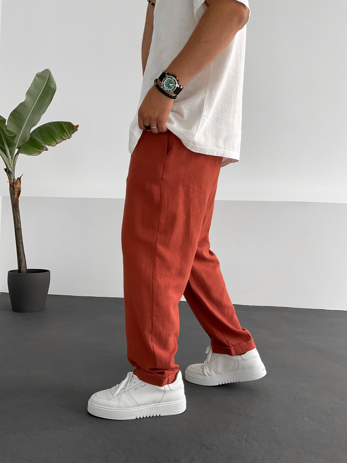 Kiremit Pileli Keten Pantolon C-6096