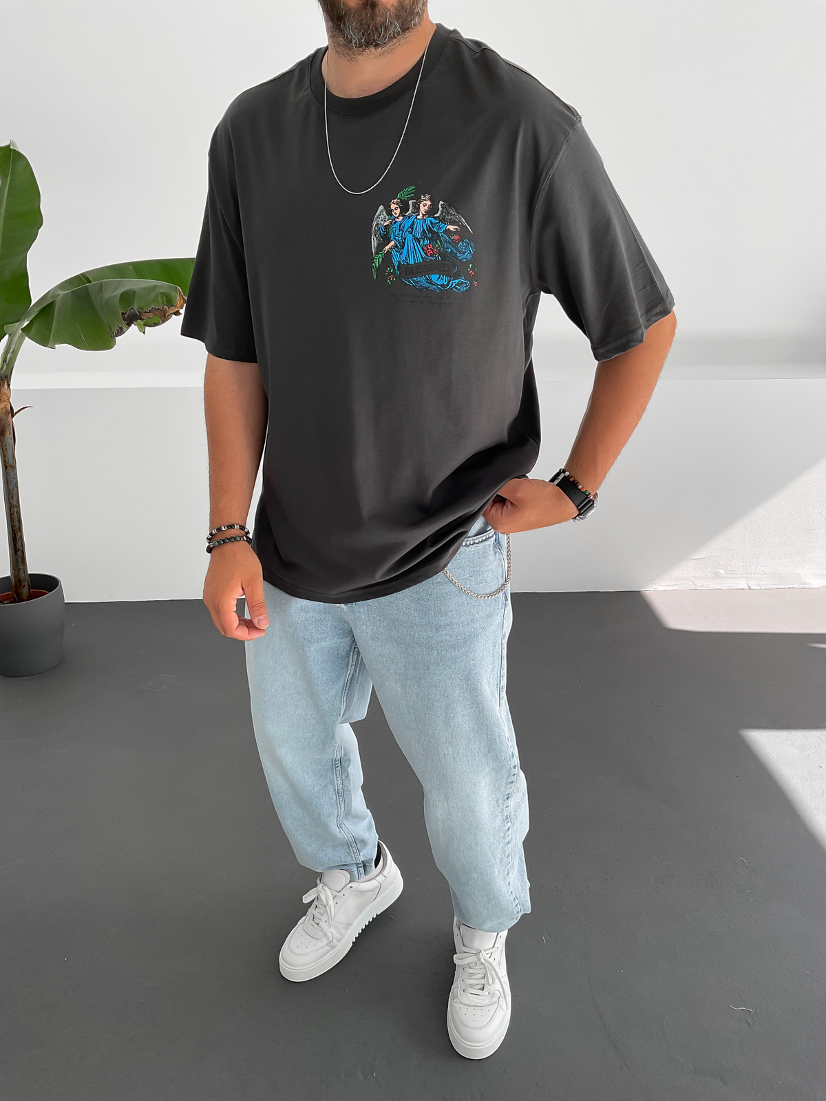 Antrasit Blessed Baskılı T-Shirt C-819
