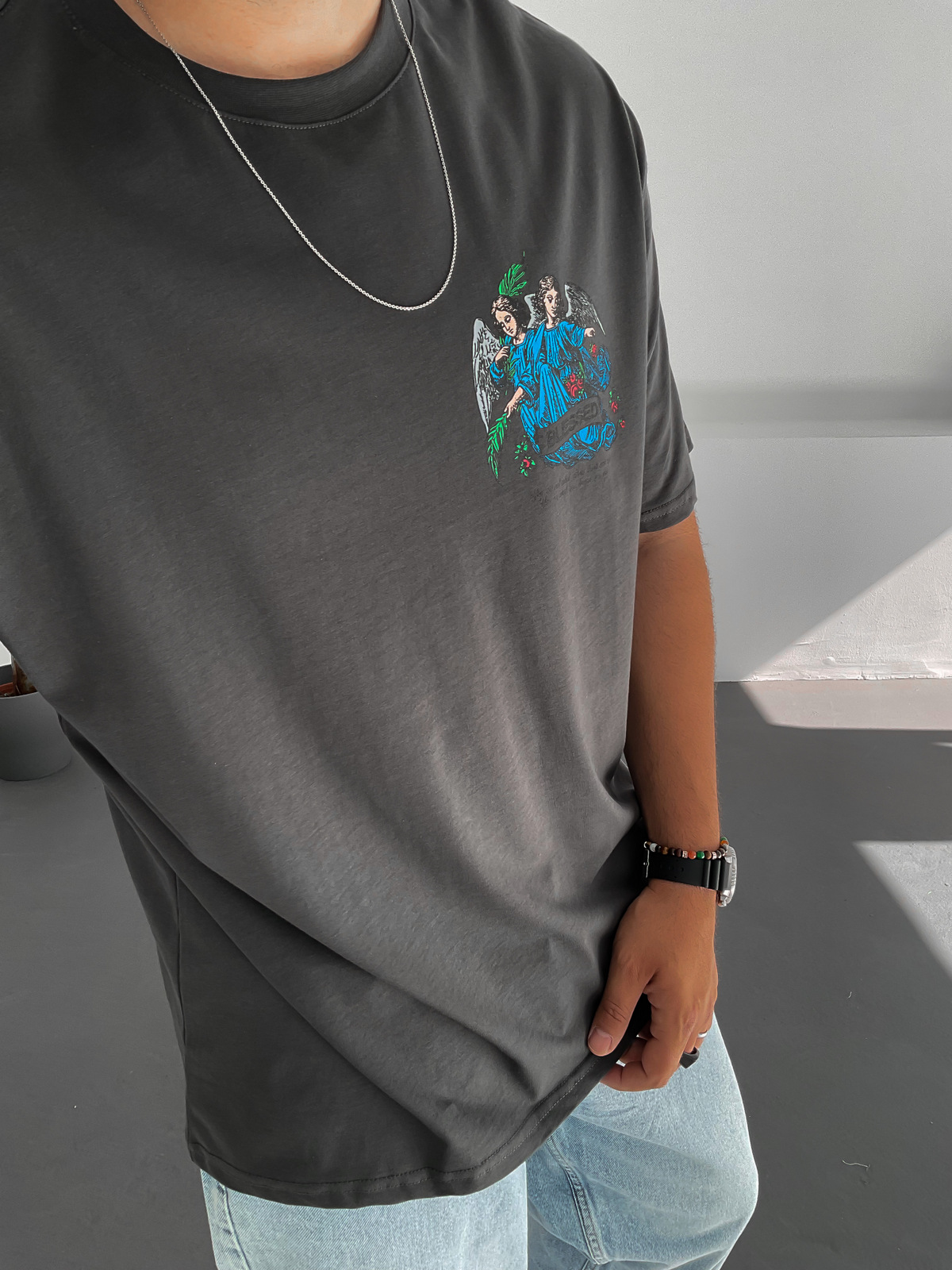 Antrasit Blessed Baskılı T-Shirt C-819