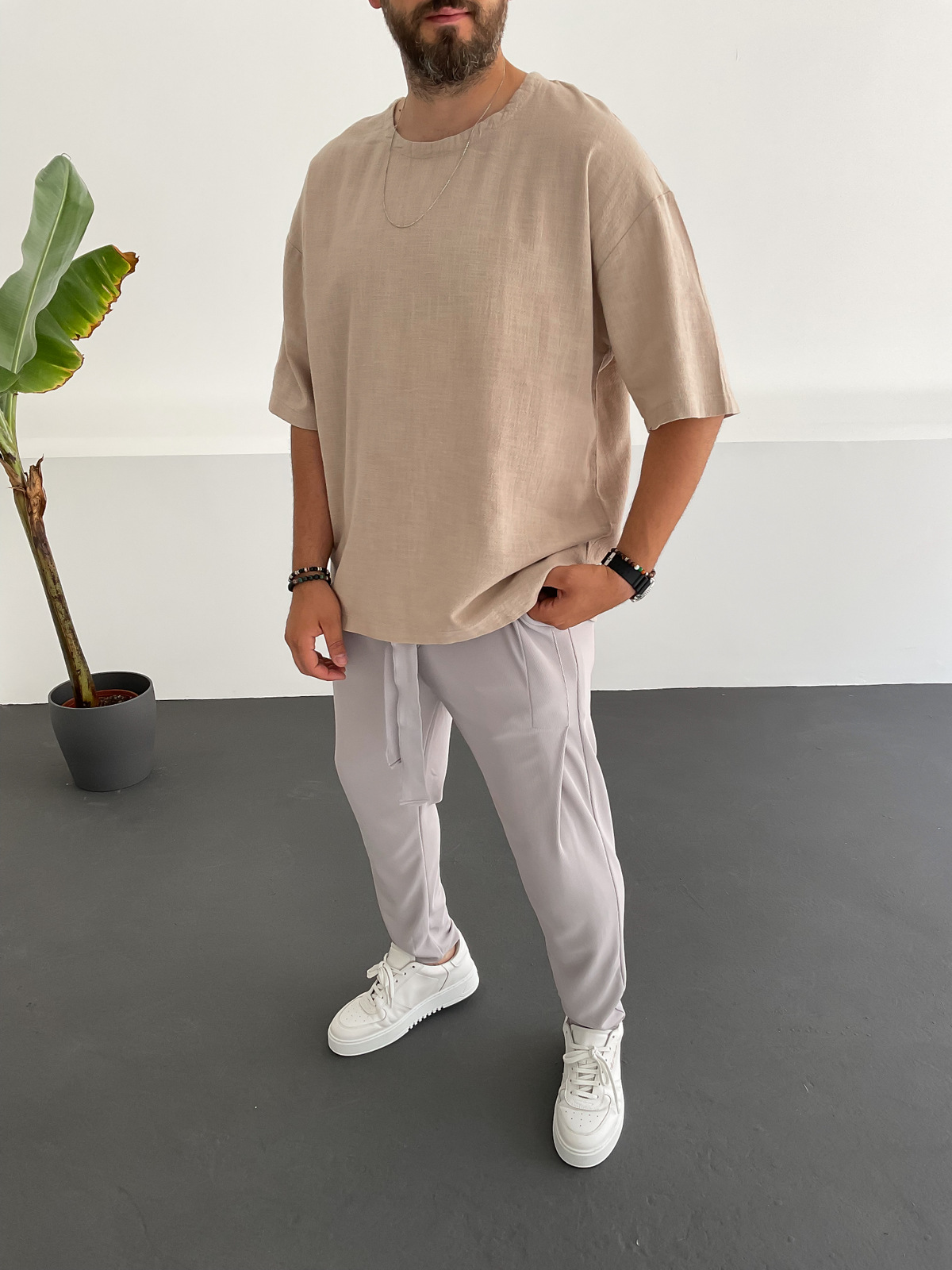 Bej Keten T-Shirt C-1530
