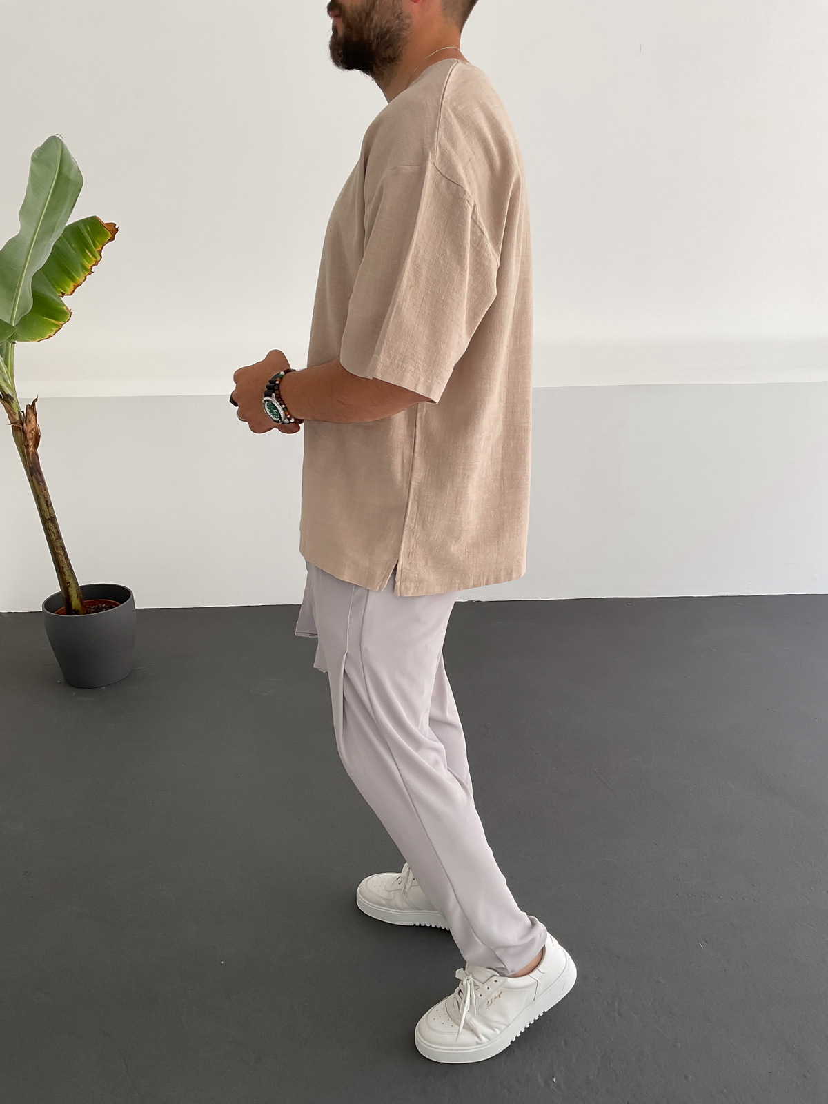 Bej Keten T-Shirt C-1530