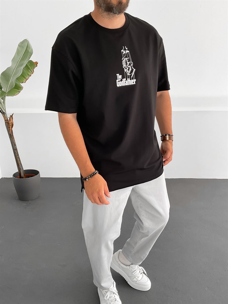 Siyah İki İplik God Father Baskılı T-Shirt M-1706