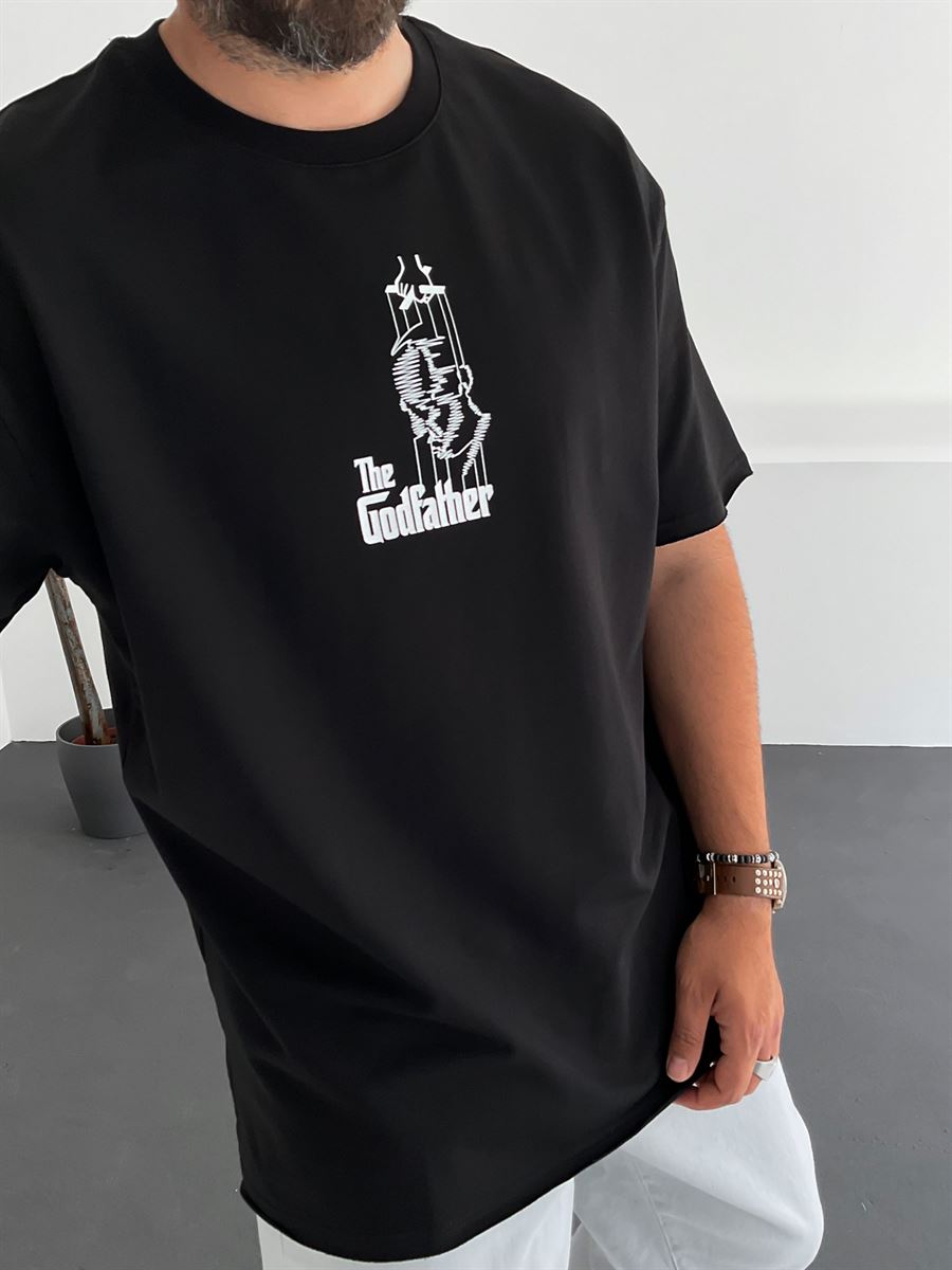 Siyah İki İplik God Father Baskılı T-Shirt M-1706