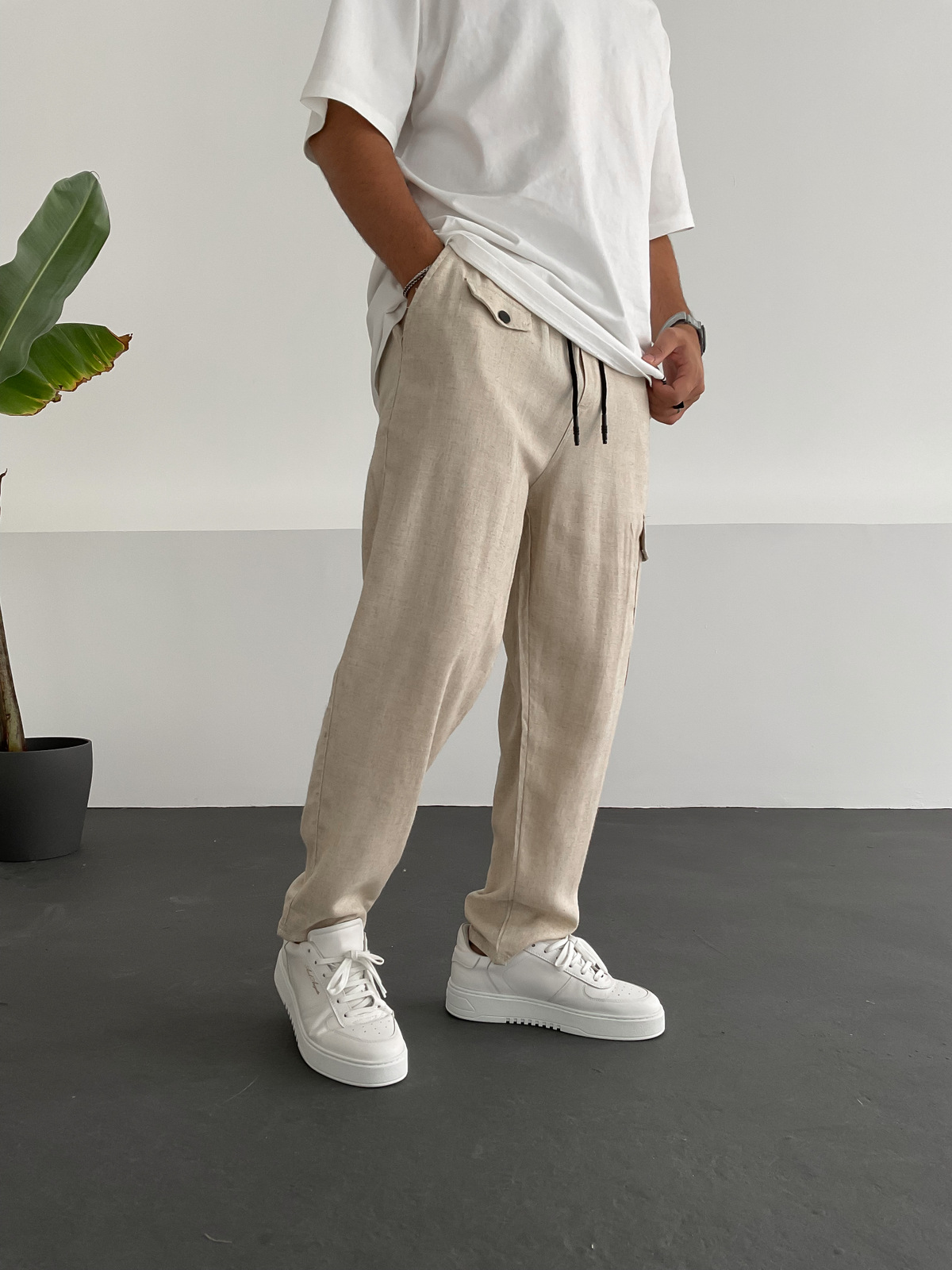 Bej Cep Detaylı Boru Paça Keten Pantolon GJ-15276