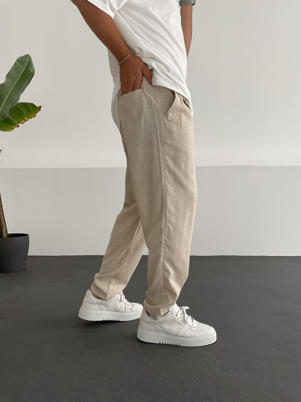 Bej Cep Detaylı Boru Paça Keten Pantolon GJ-15276