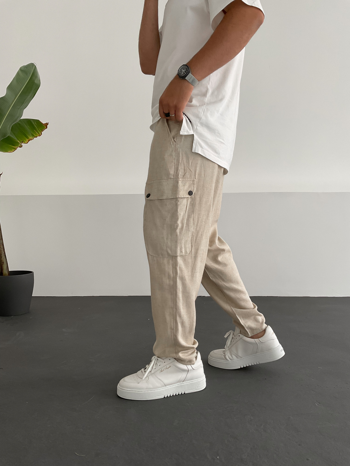 Bej Cep Detaylı Boru Paça Keten Pantolon GJ-15276