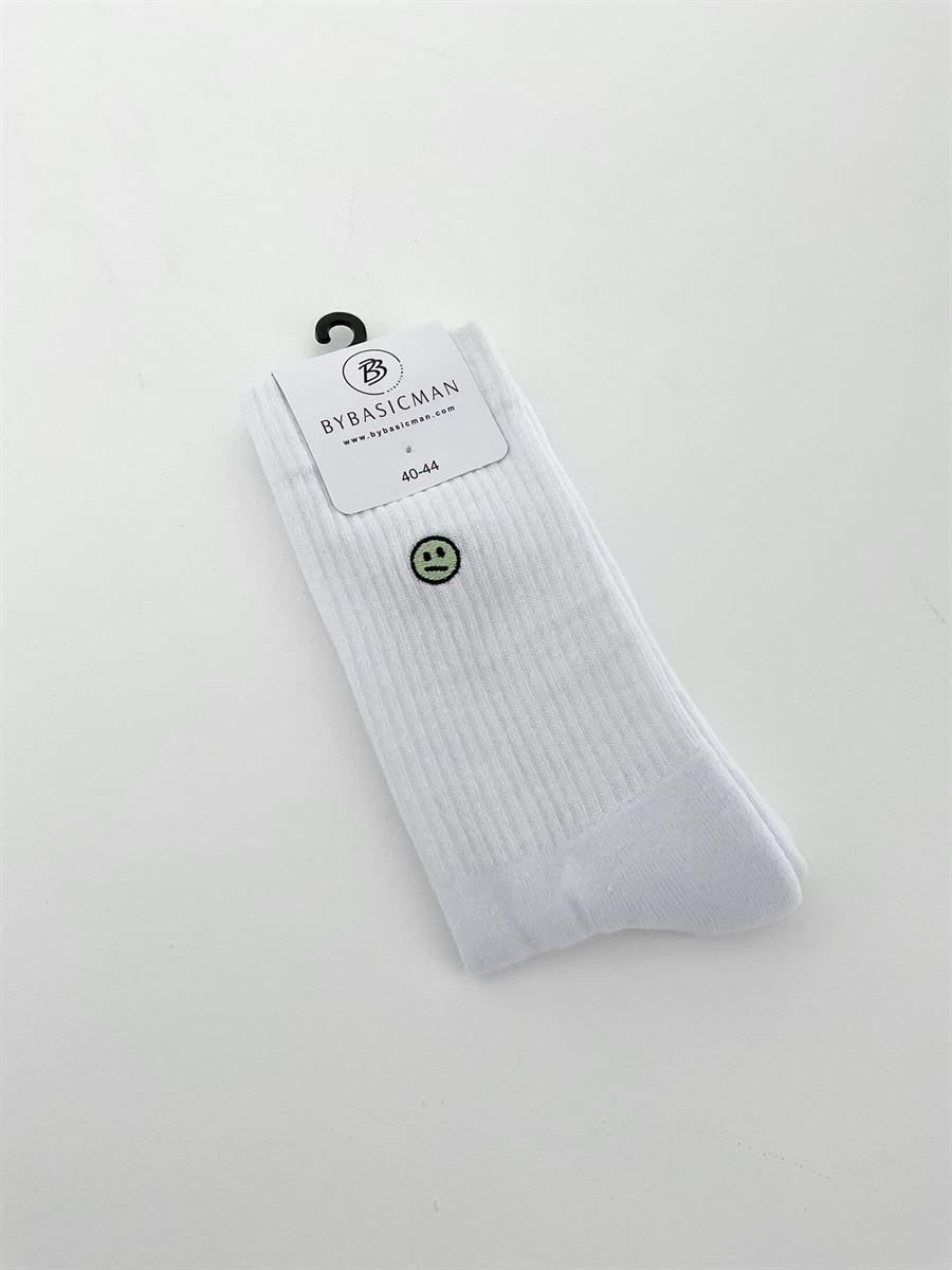 Yeşil Emoji Nakışlı Beyaz Çorap