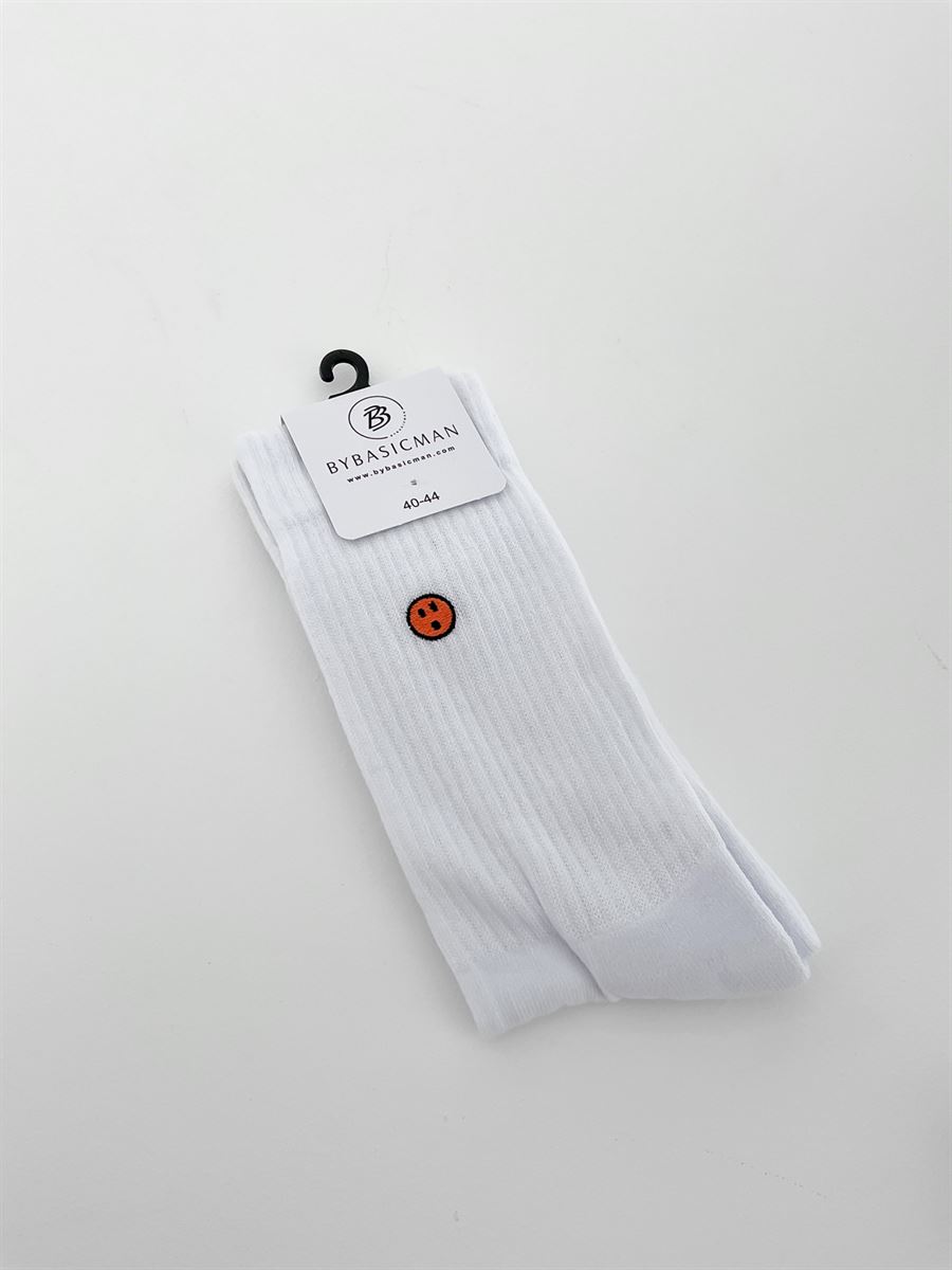 Turuncu Emoji Nakışlı Beyaz Çorap