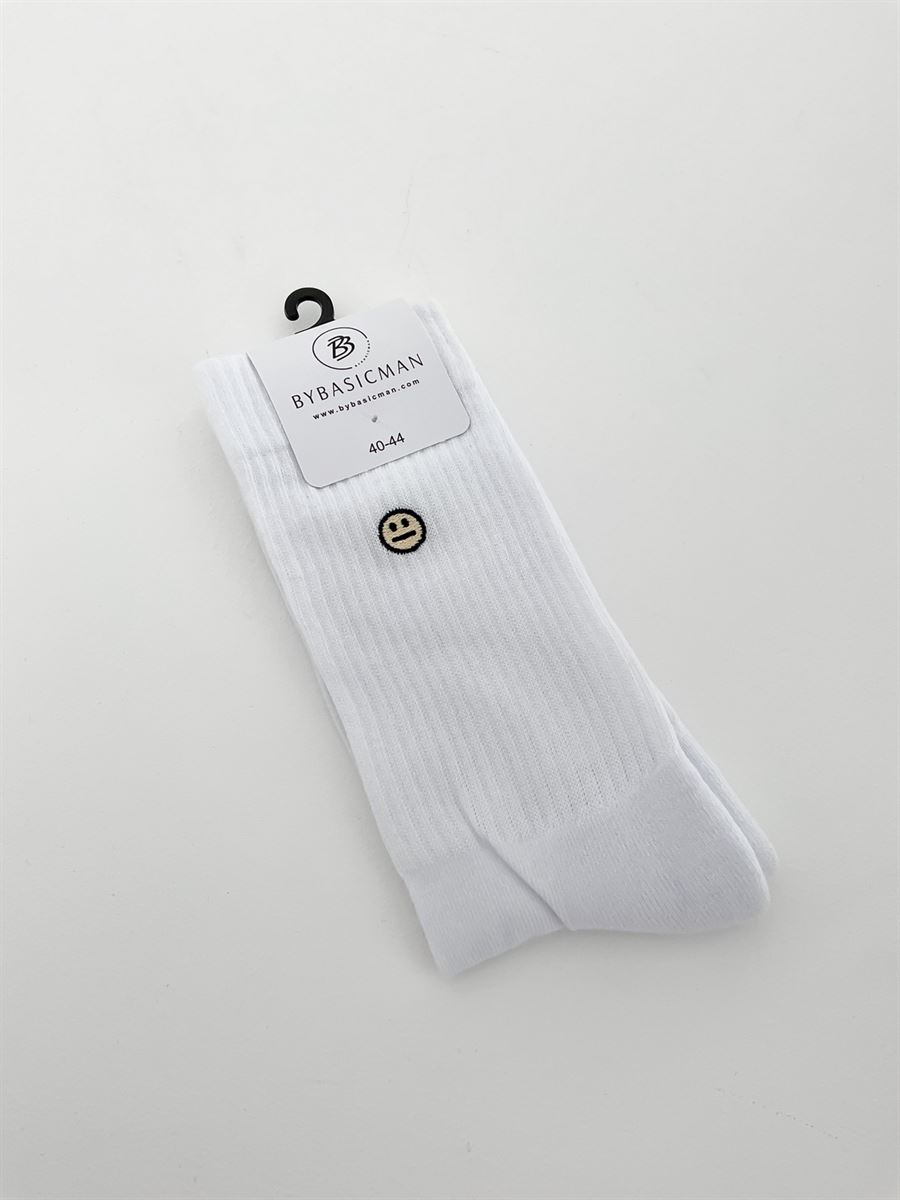 Sarı Emoji Nakışlı Beyaz Çorap