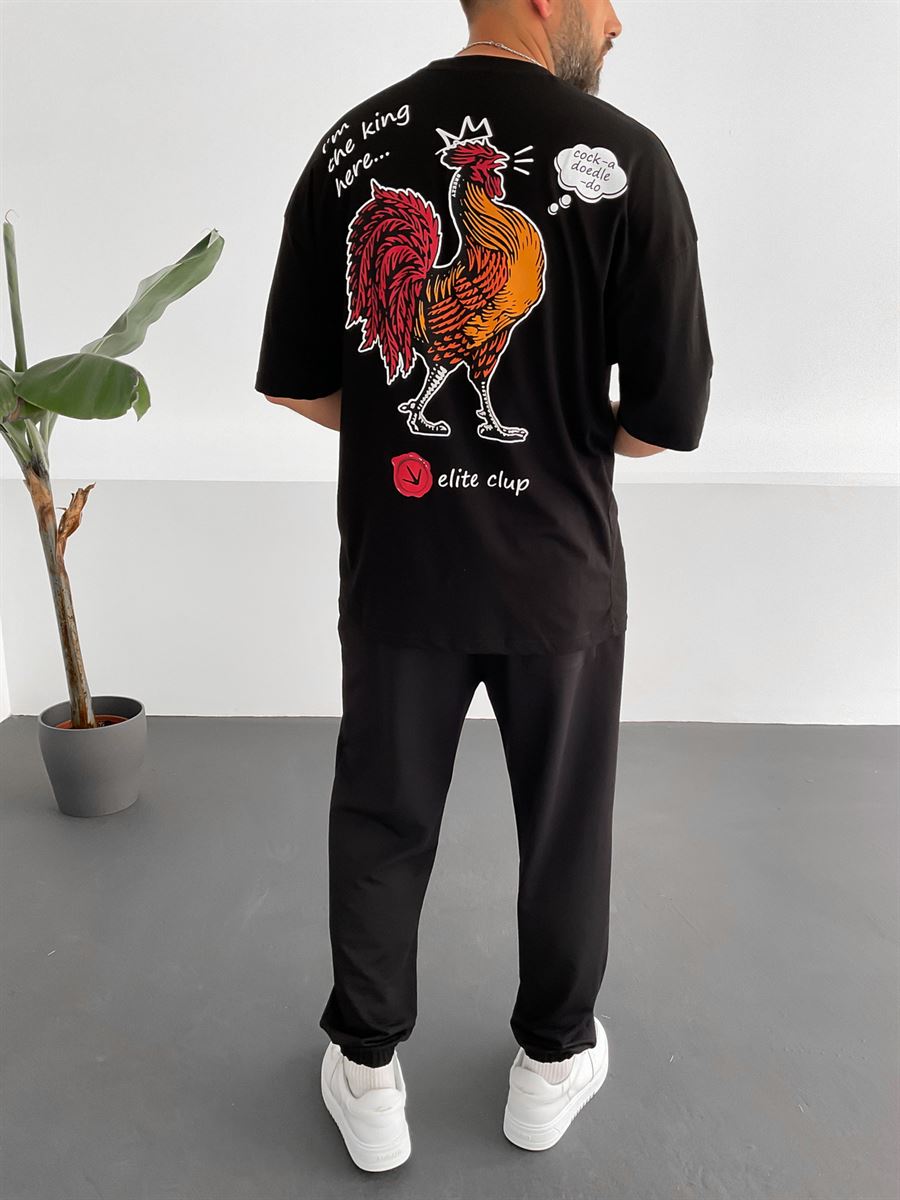 Siyah Horoz Baskılı T-Shirt B-1181