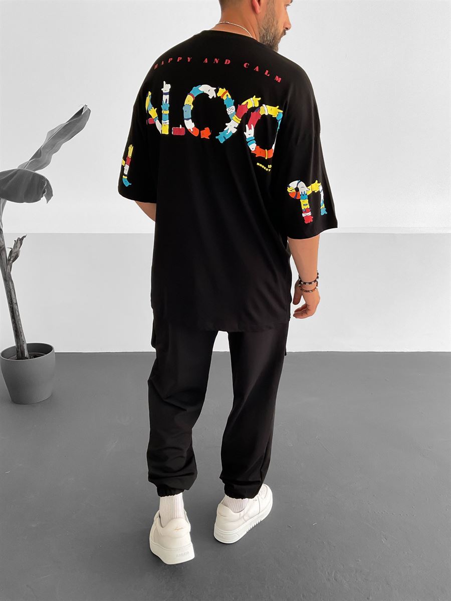 Siyah El Boya Baskılı T-Shirt B-1191