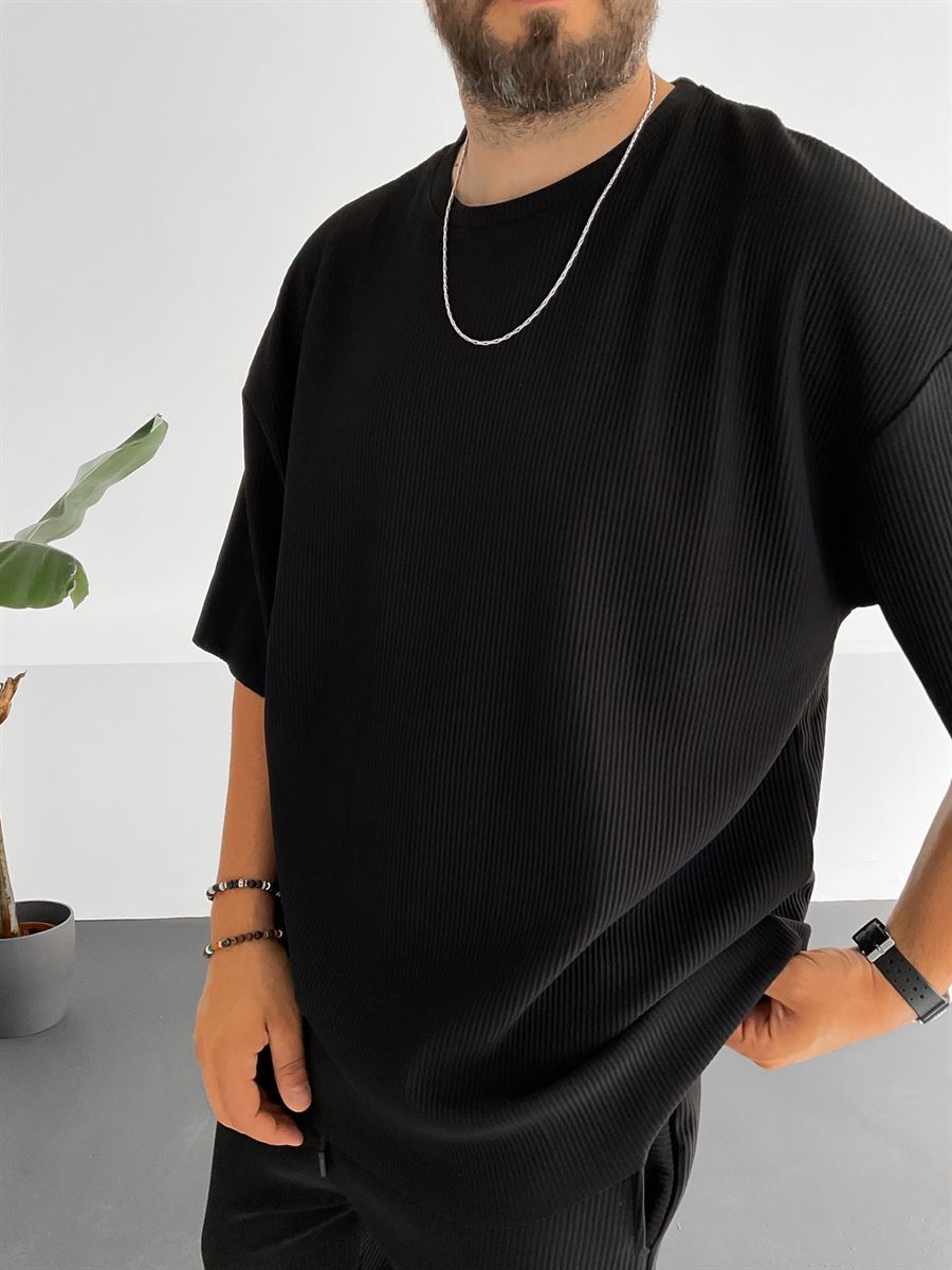 Siyah Fitilli T-Shirt V-22-249