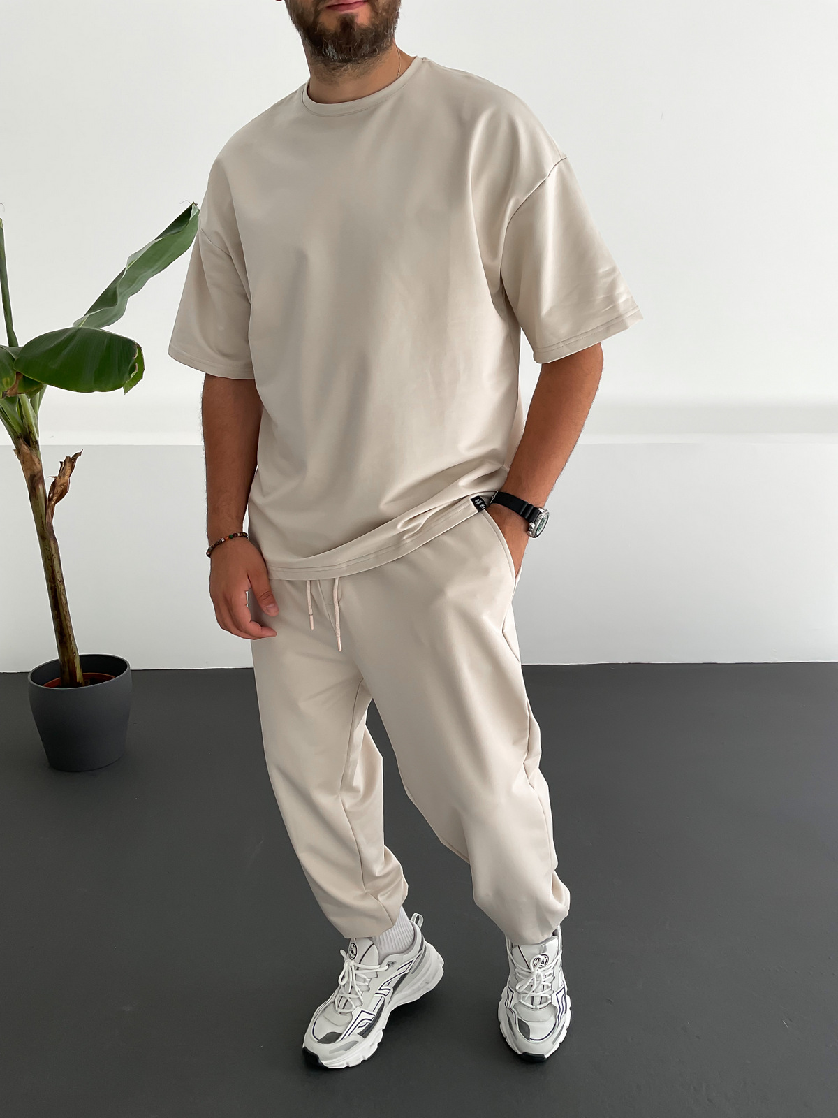 Bej İki İplik Basic T-Shirt V-22-329