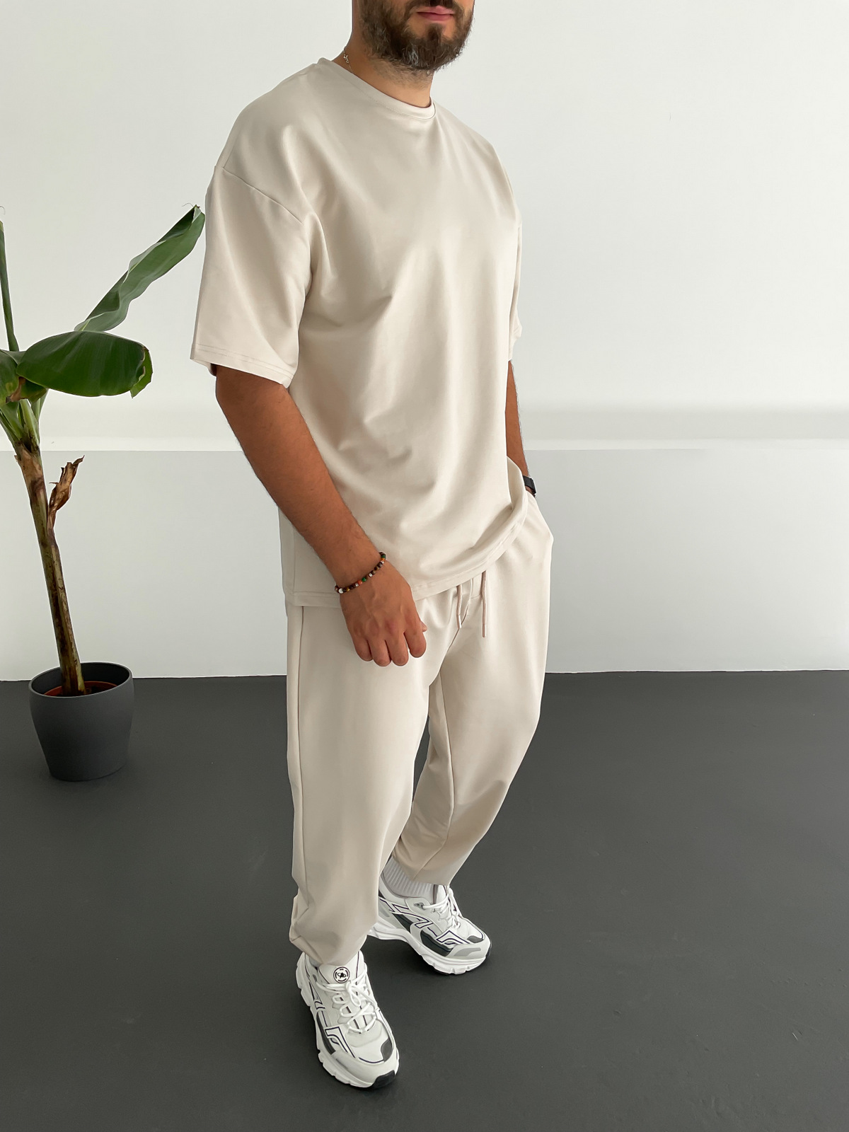 Bej İki İplik Basic T-Shirt V-22-329